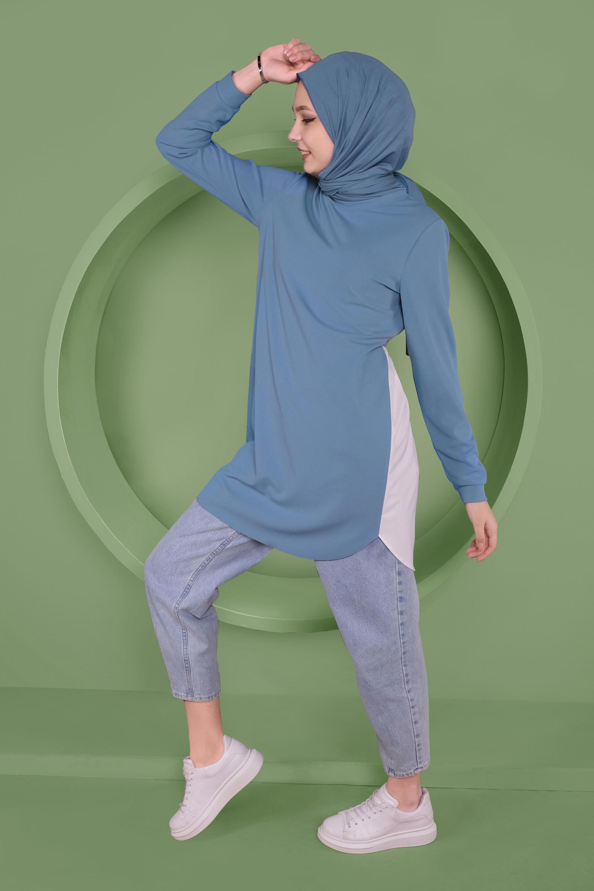 Tesettür giyim MAVİ SIRT KISMI BÜZGÜ BAĞCIK DETAYLI TUNİK 41371