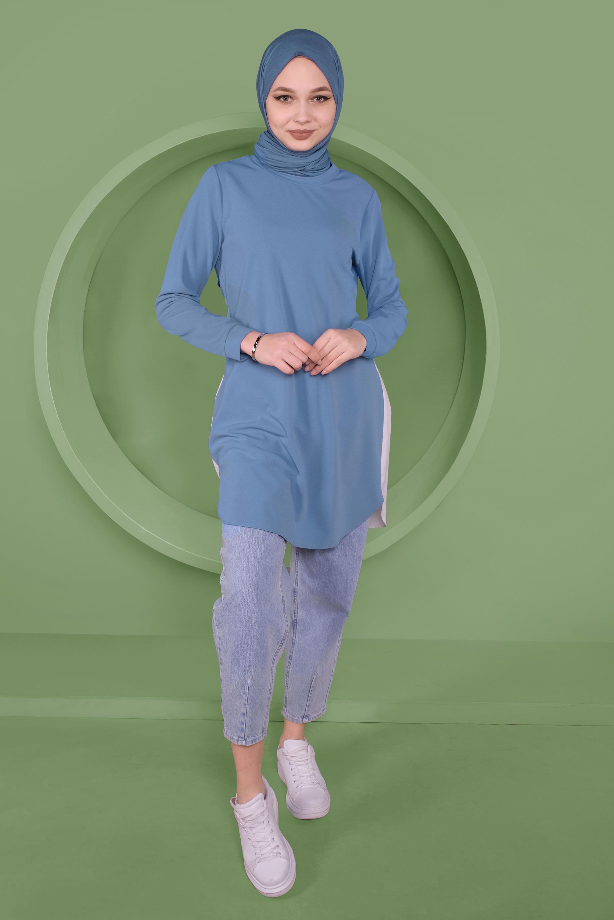 Tesettür giyim MAVİ SIRT KISMI BÜZGÜ BAĞCIK DETAYLI TUNİK 41371