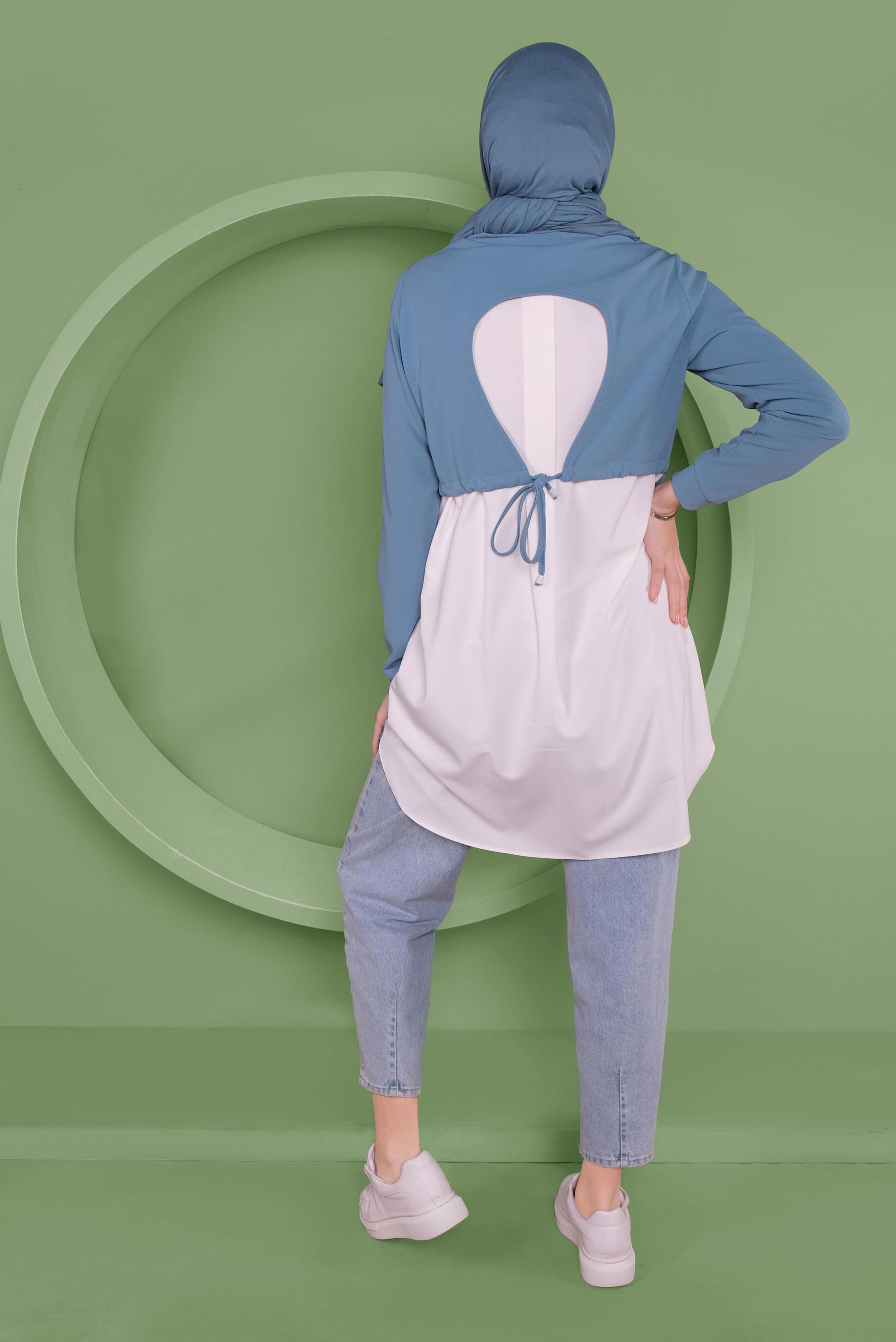 Tesettür giyim MAVİ SIRT KISMI BÜZGÜ BAĞCIK DETAYLI TUNİK 41371