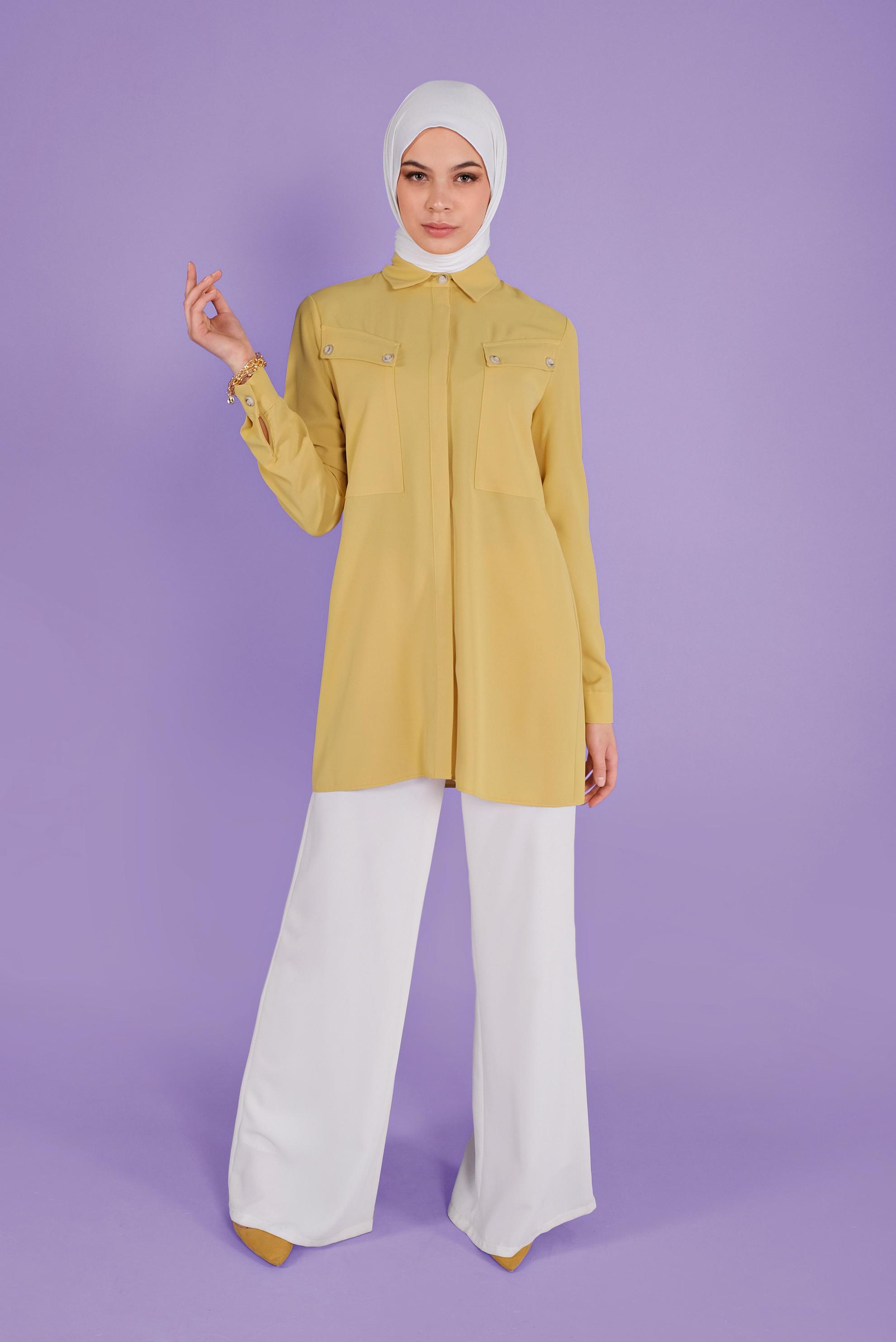 Tesettür giyim SARI CEPLİ DÜĞMELİ TUNİK 41372