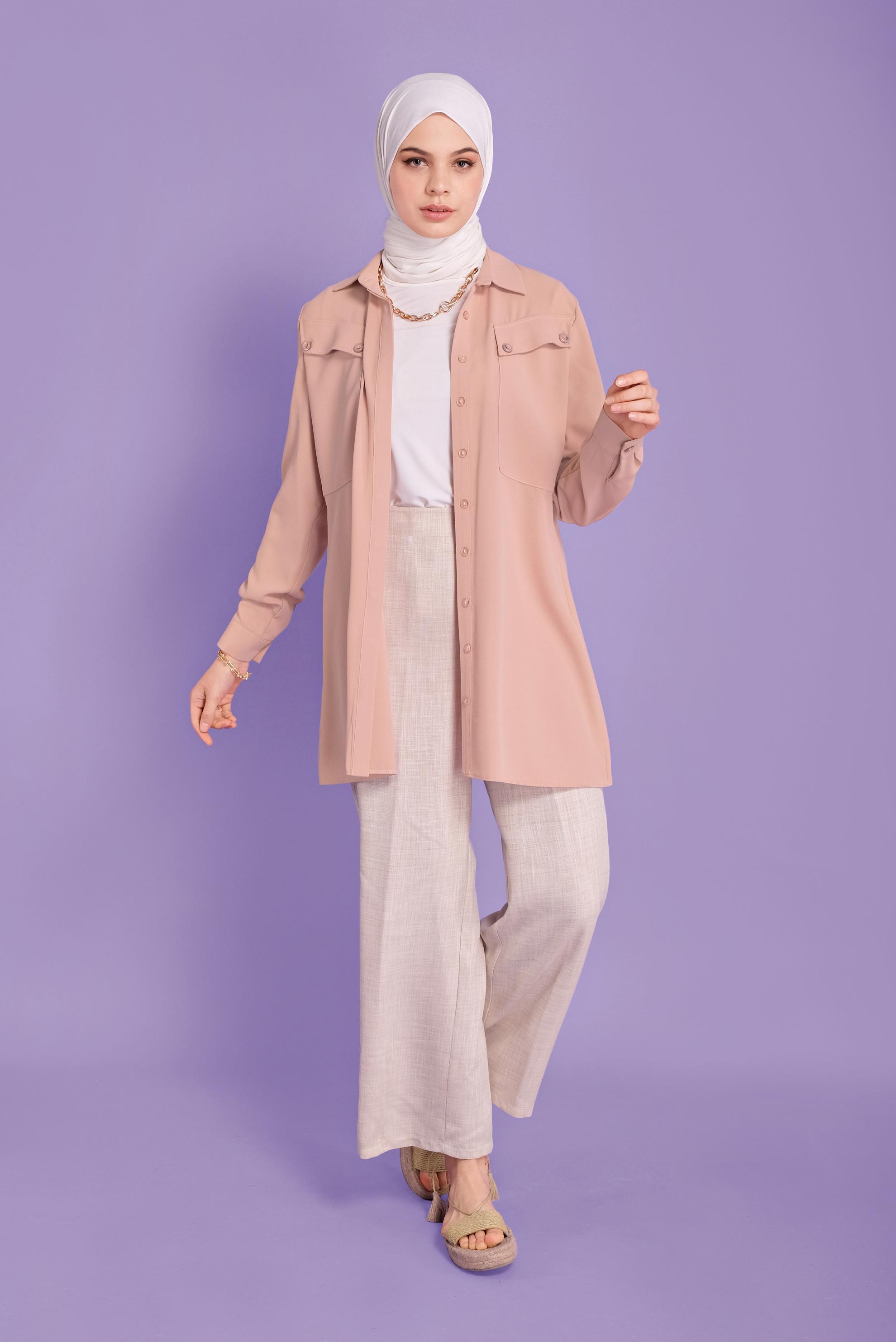 Tesettür giyim PUDRA CEPLİ DÜĞMELİ TUNİK 41372