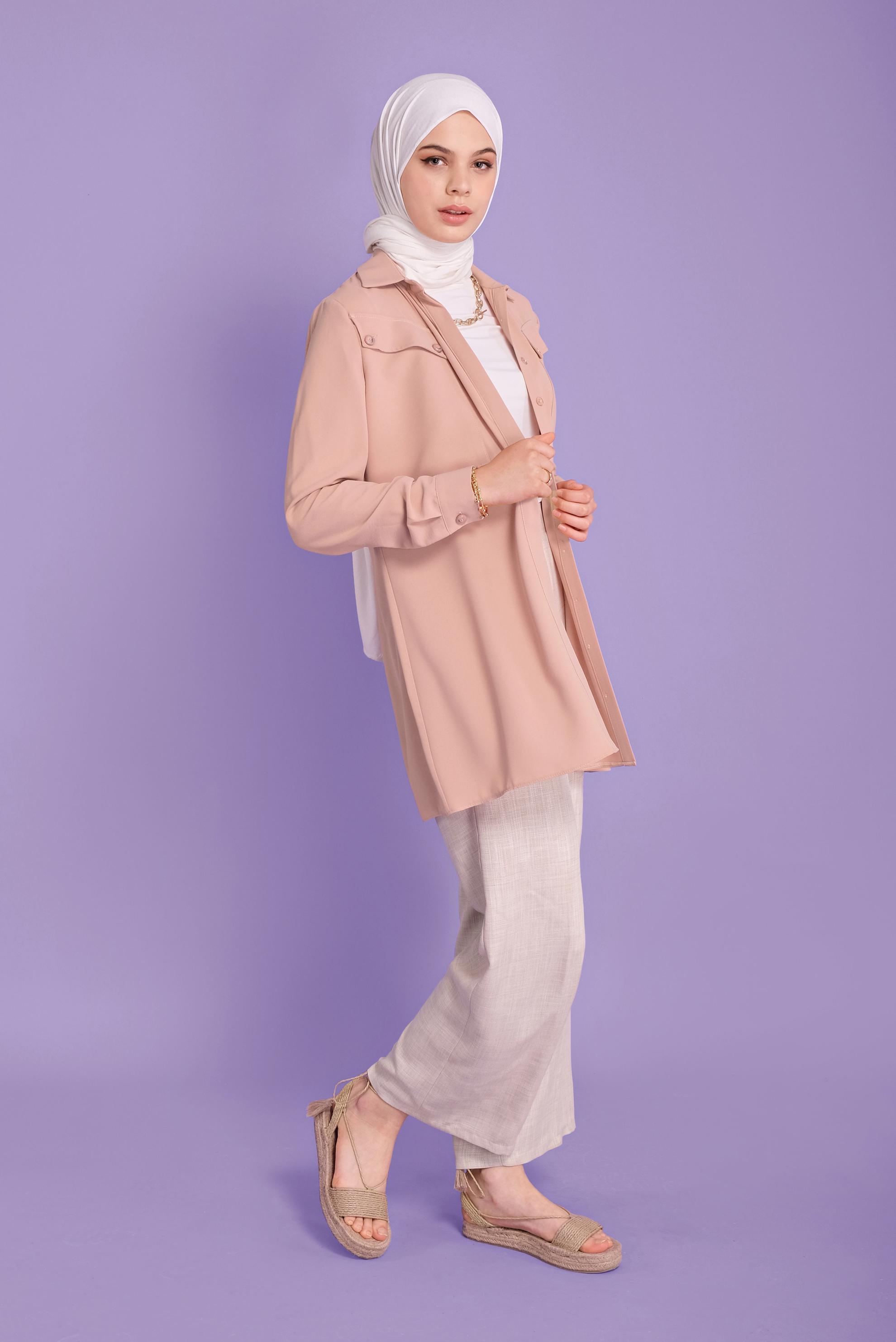 Tesettür giyim PUDRA CEPLİ DÜĞMELİ TUNİK 41372
