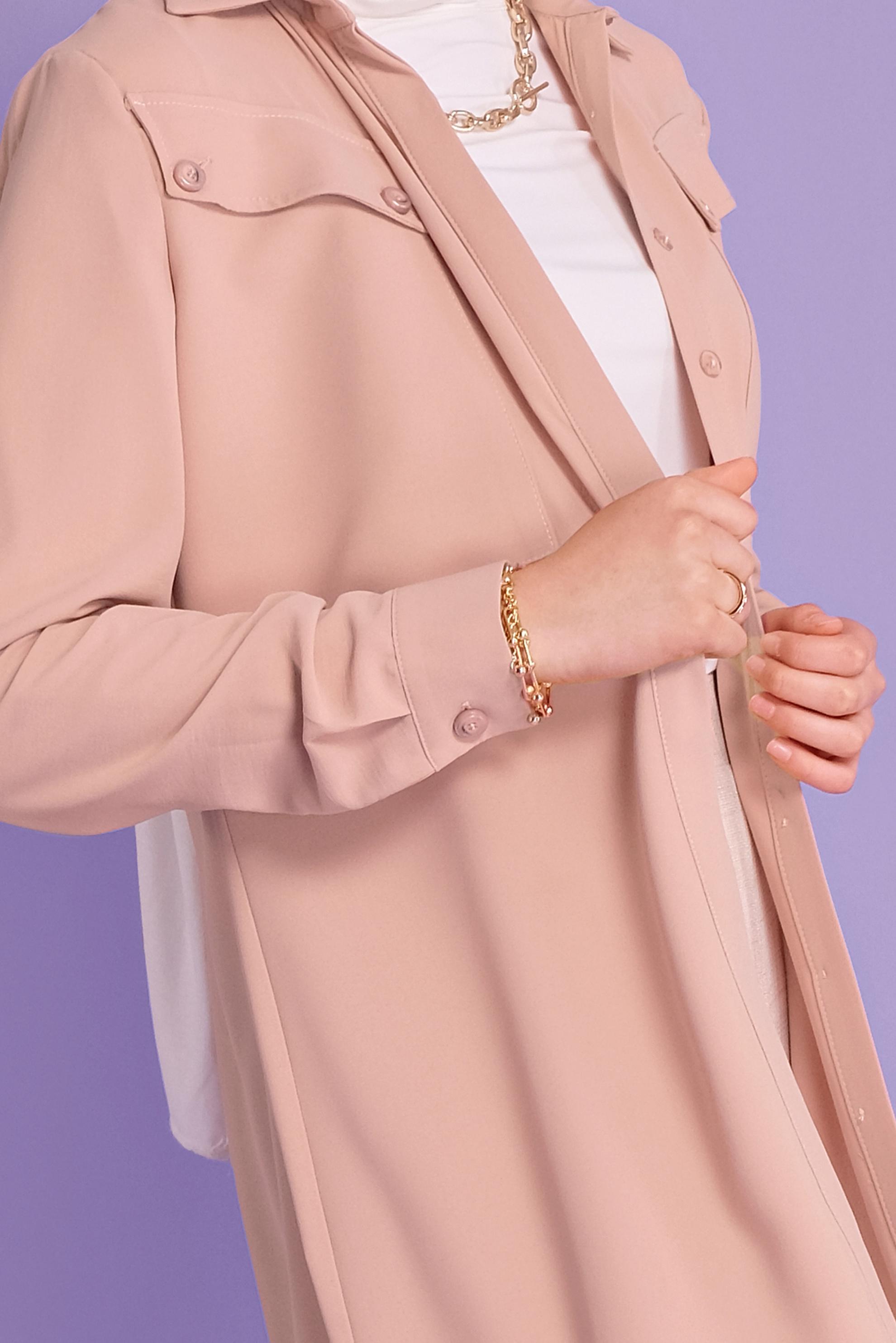 Tesettür giyim PUDRA CEPLİ DÜĞMELİ TUNİK 41372