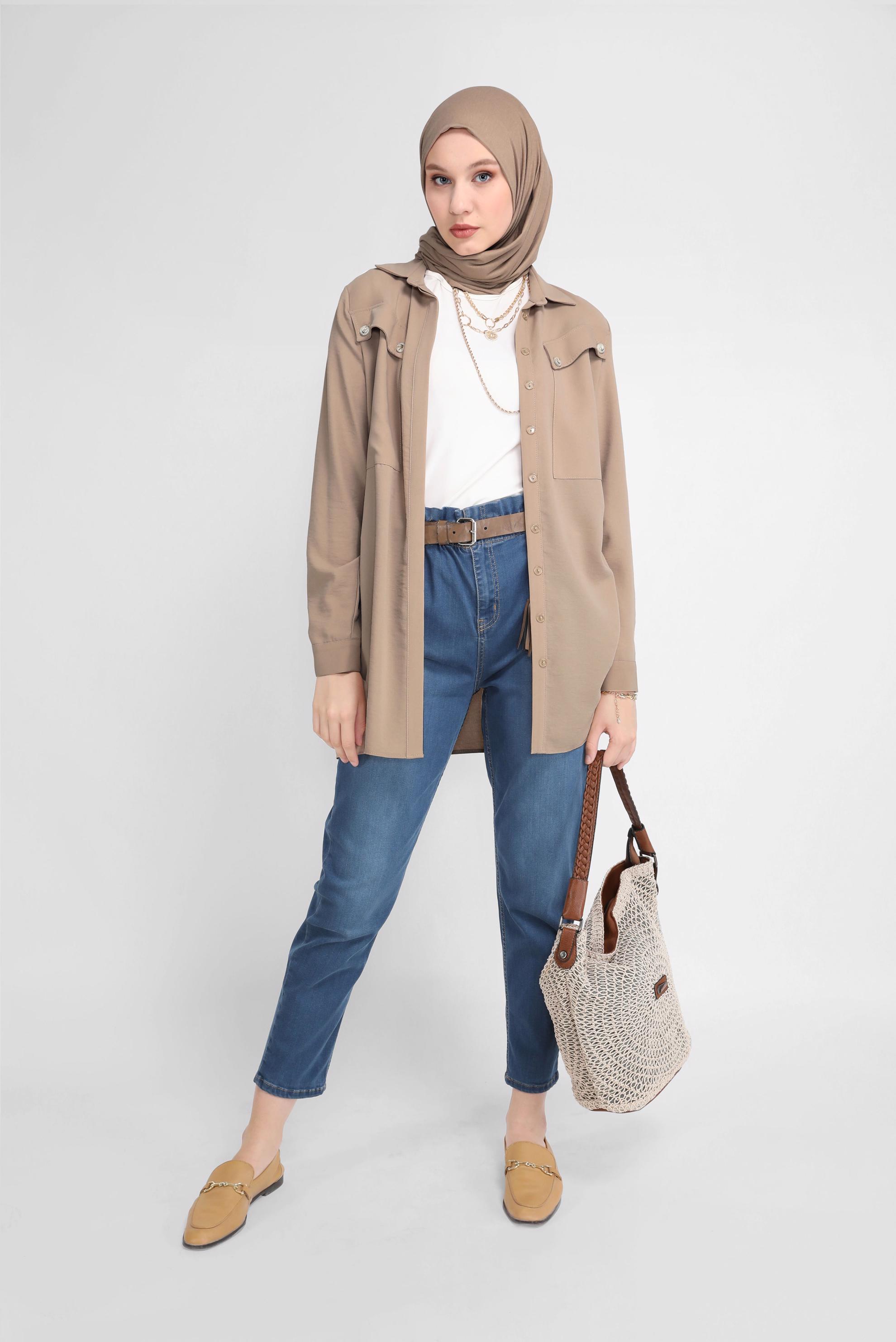 Tesettür giyim BEJ CEPLİ DÜĞMELİ TUNİK 41372
