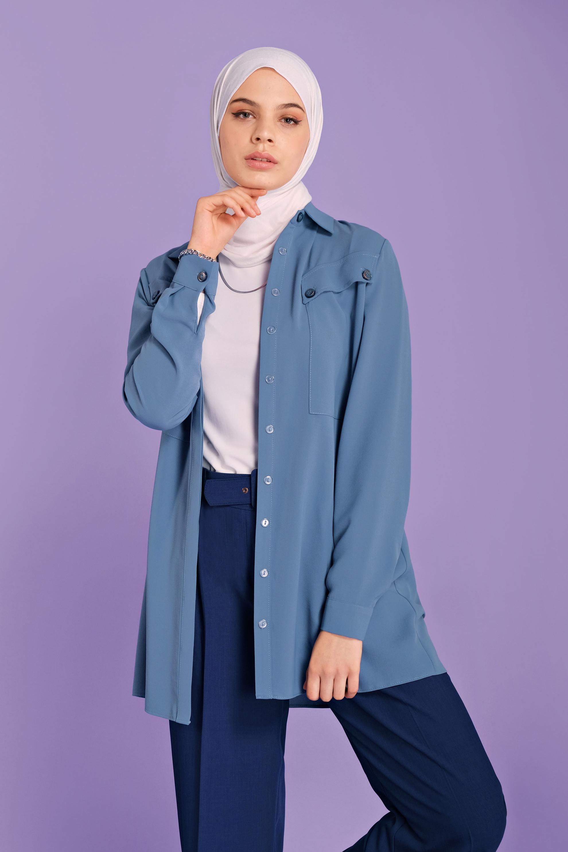 Tesettür giyim MAVİ CEPLİ DÜĞMELİ TUNİK 41372