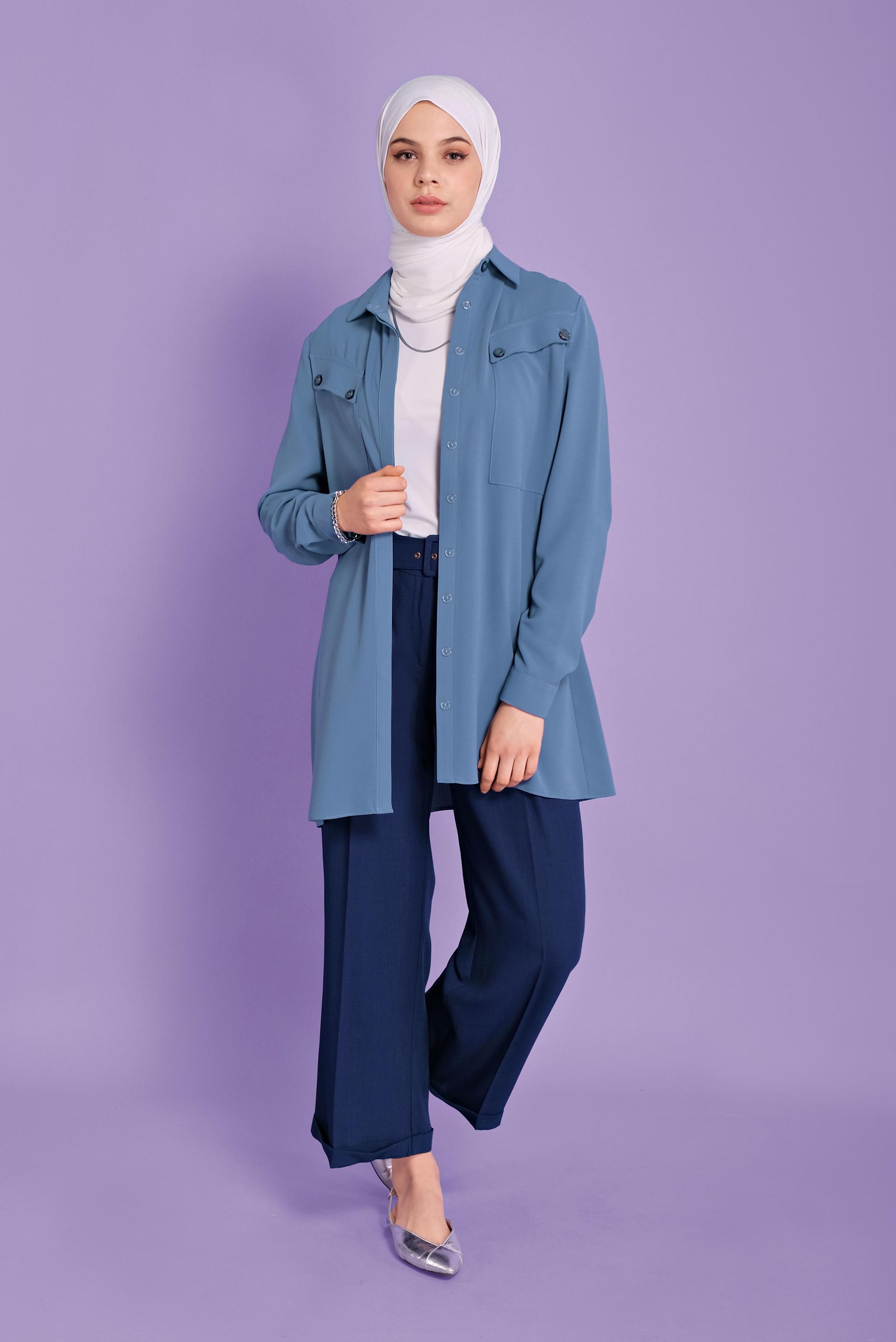 Tesettür giyim MAVİ CEPLİ DÜĞMELİ TUNİK 41372