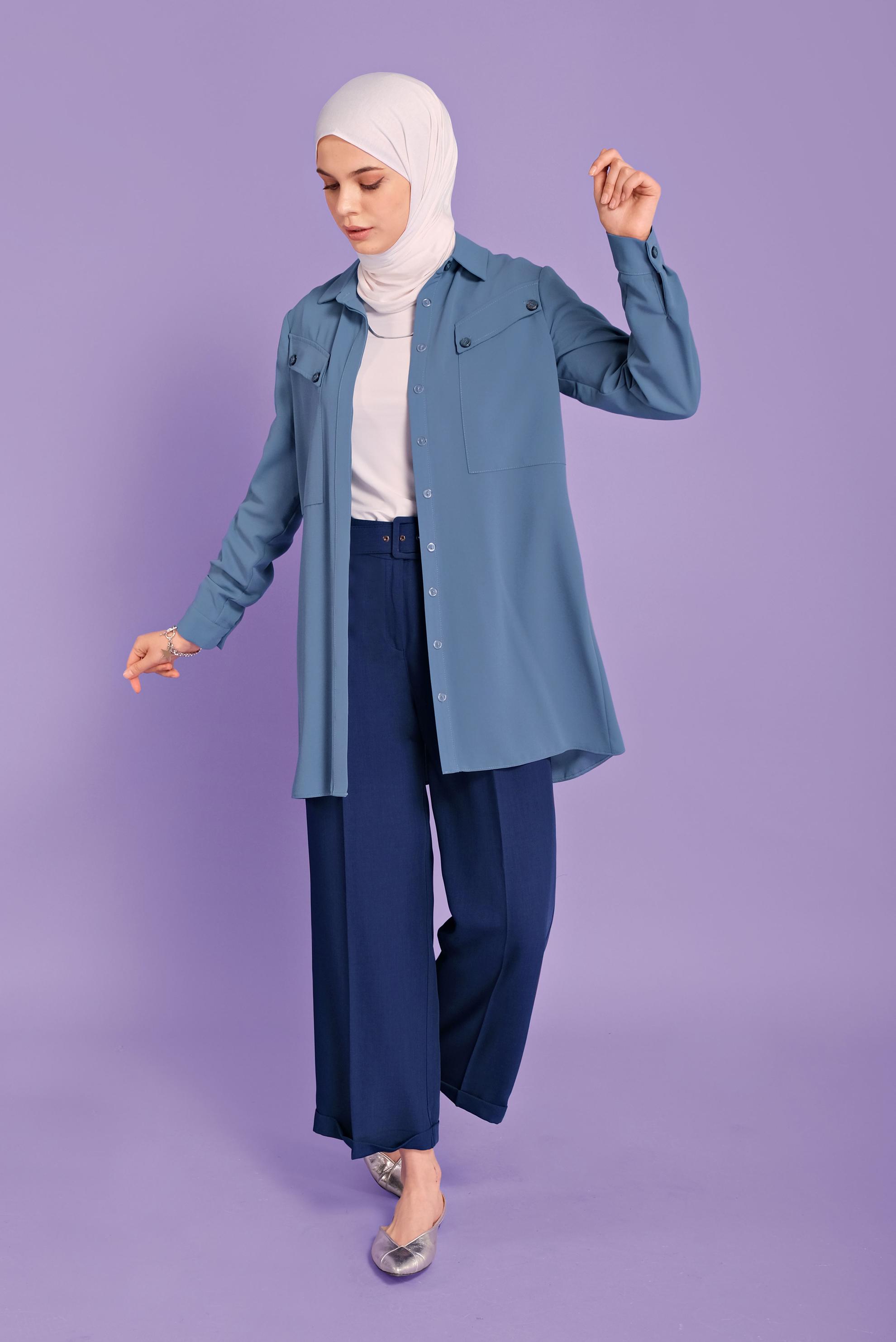 Tesettür giyim MAVİ CEPLİ DÜĞMELİ TUNİK 41372