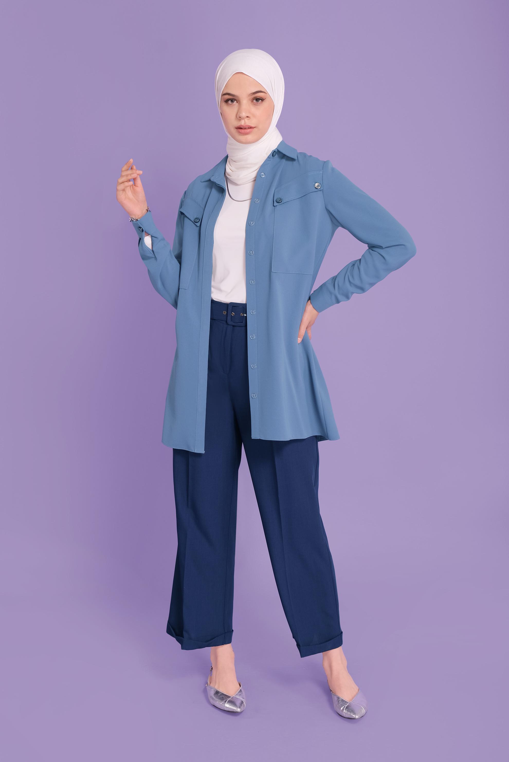 Tesettür giyim MAVİ CEPLİ DÜĞMELİ TUNİK 41372