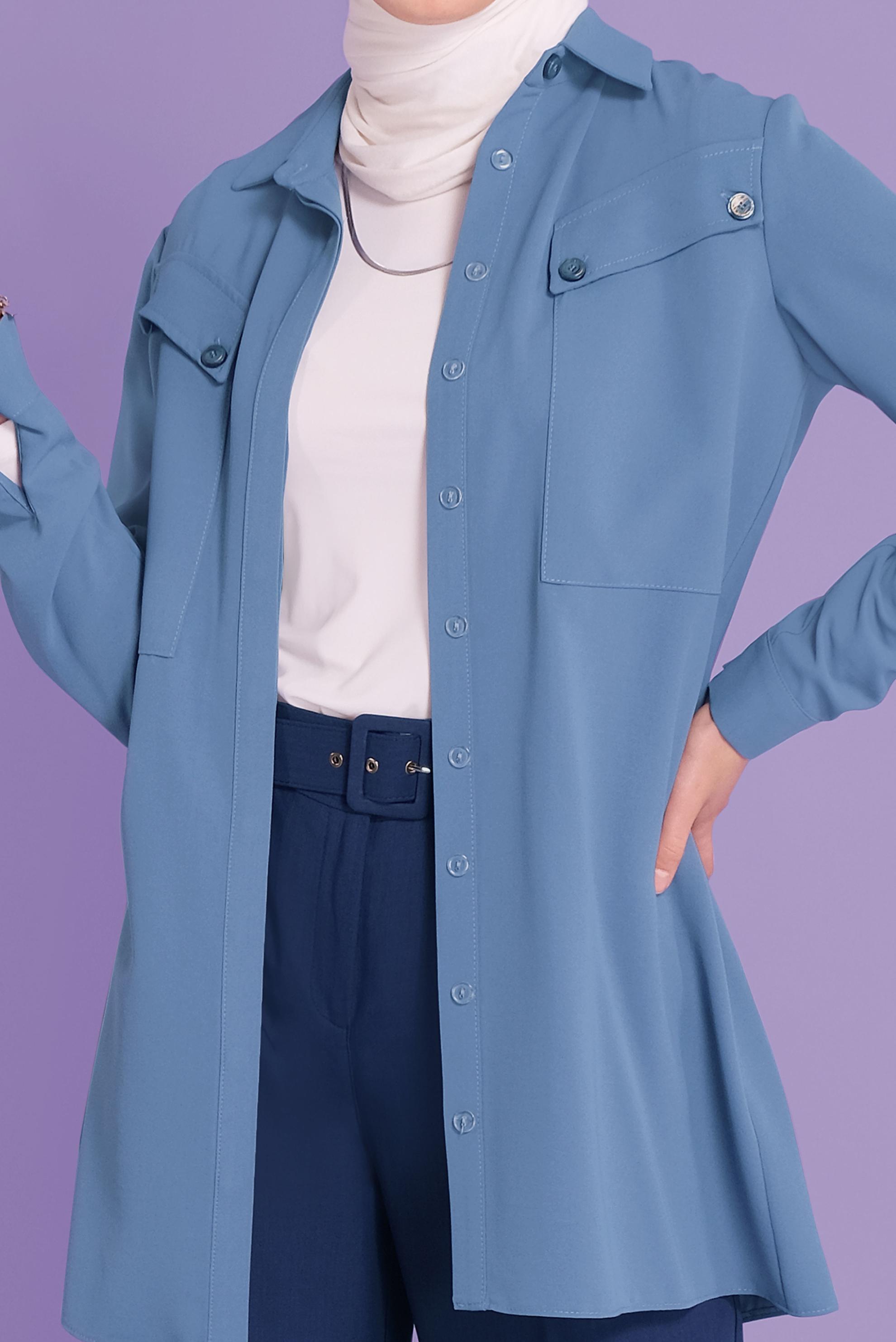 Tesettür giyim MAVİ CEPLİ DÜĞMELİ TUNİK 41372