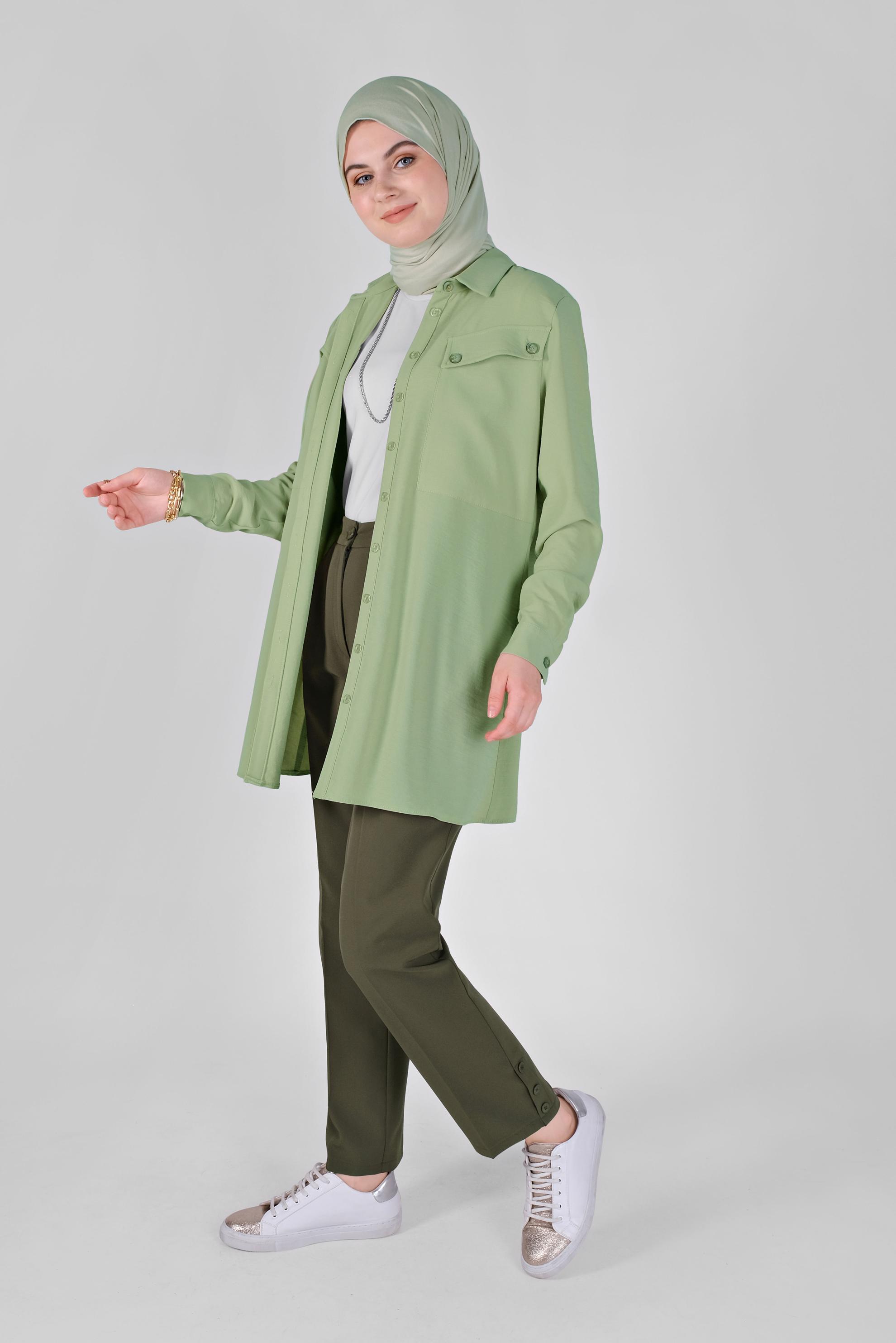 Tesettür giyim YEŞİL CEPLİ DÜĞMELİ TUNİK 41372