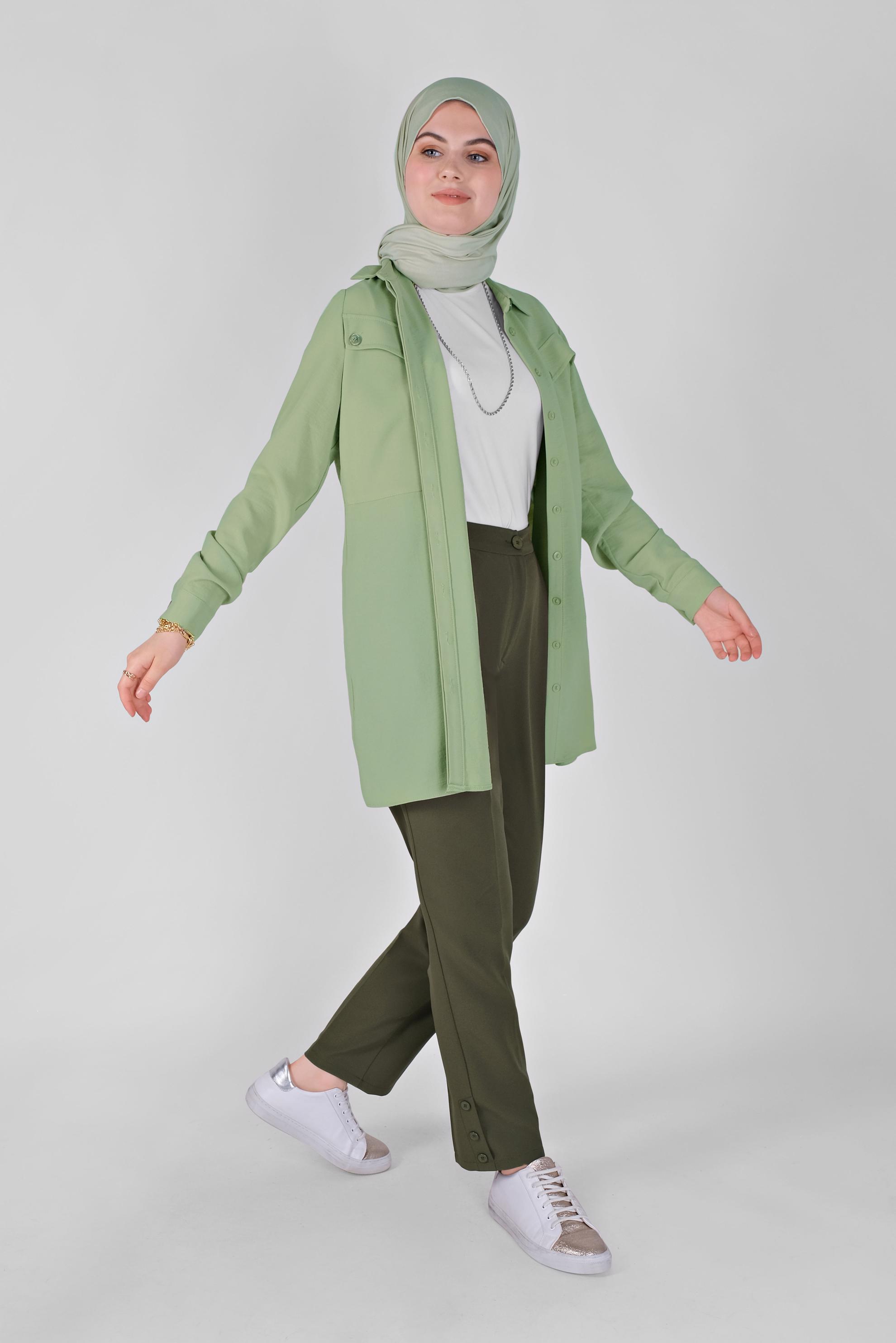 Tesettür giyim YEŞİL CEPLİ DÜĞMELİ TUNİK 41372