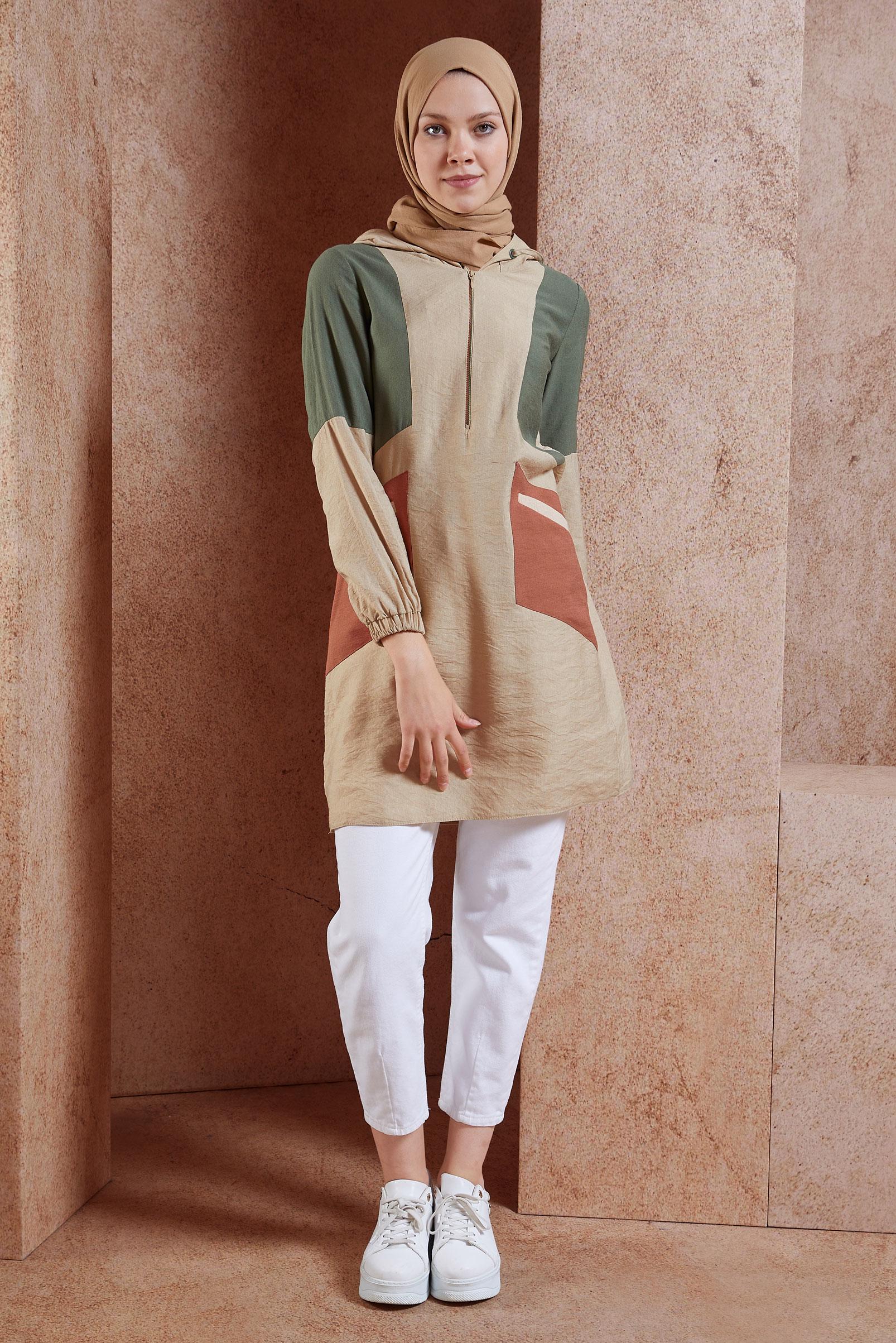 Tesettür giyim BEJ RENK BLOKLU TUNİK 41377