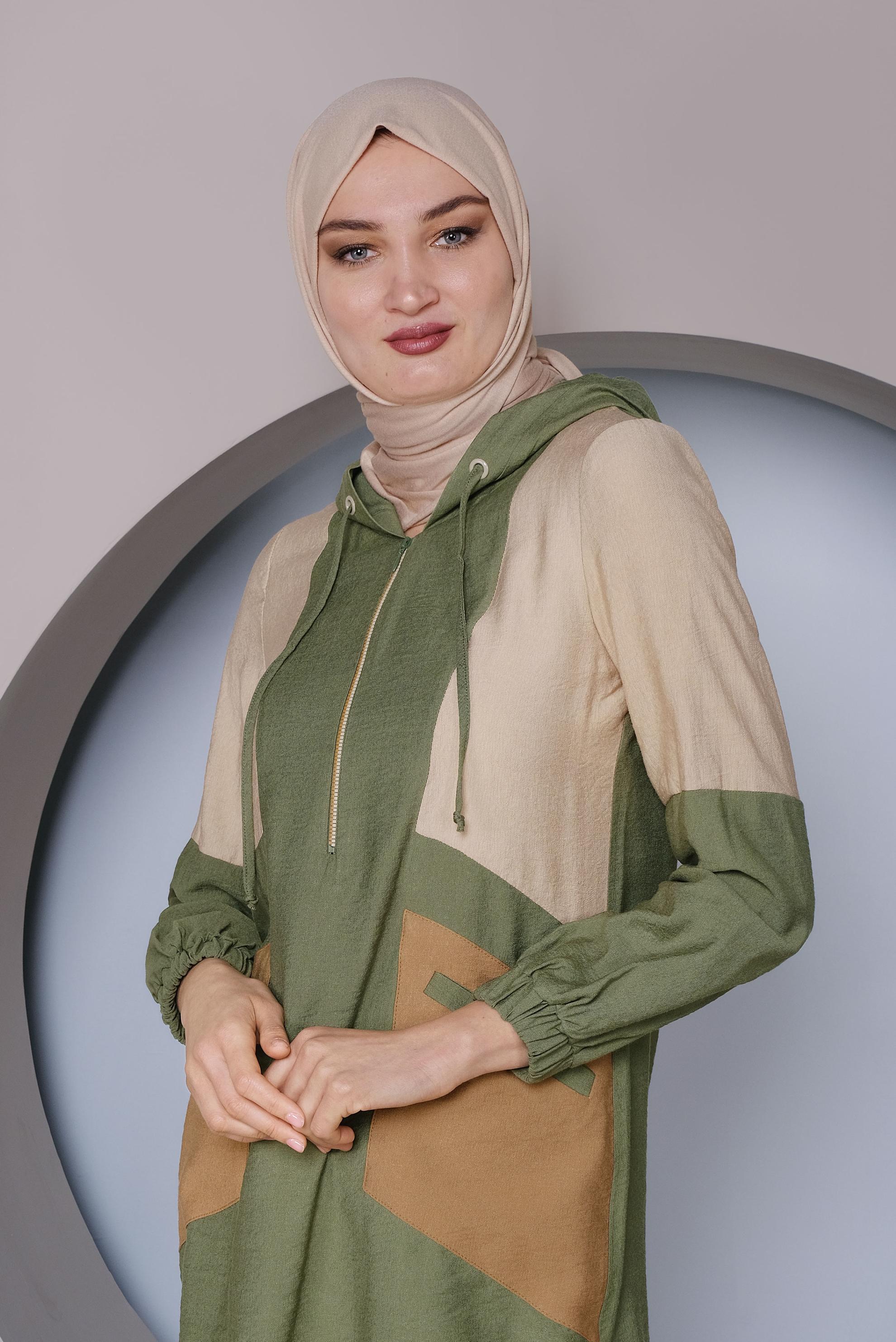 Tesettür giyim HAKİ RENK BLOKLU TUNİK 41377