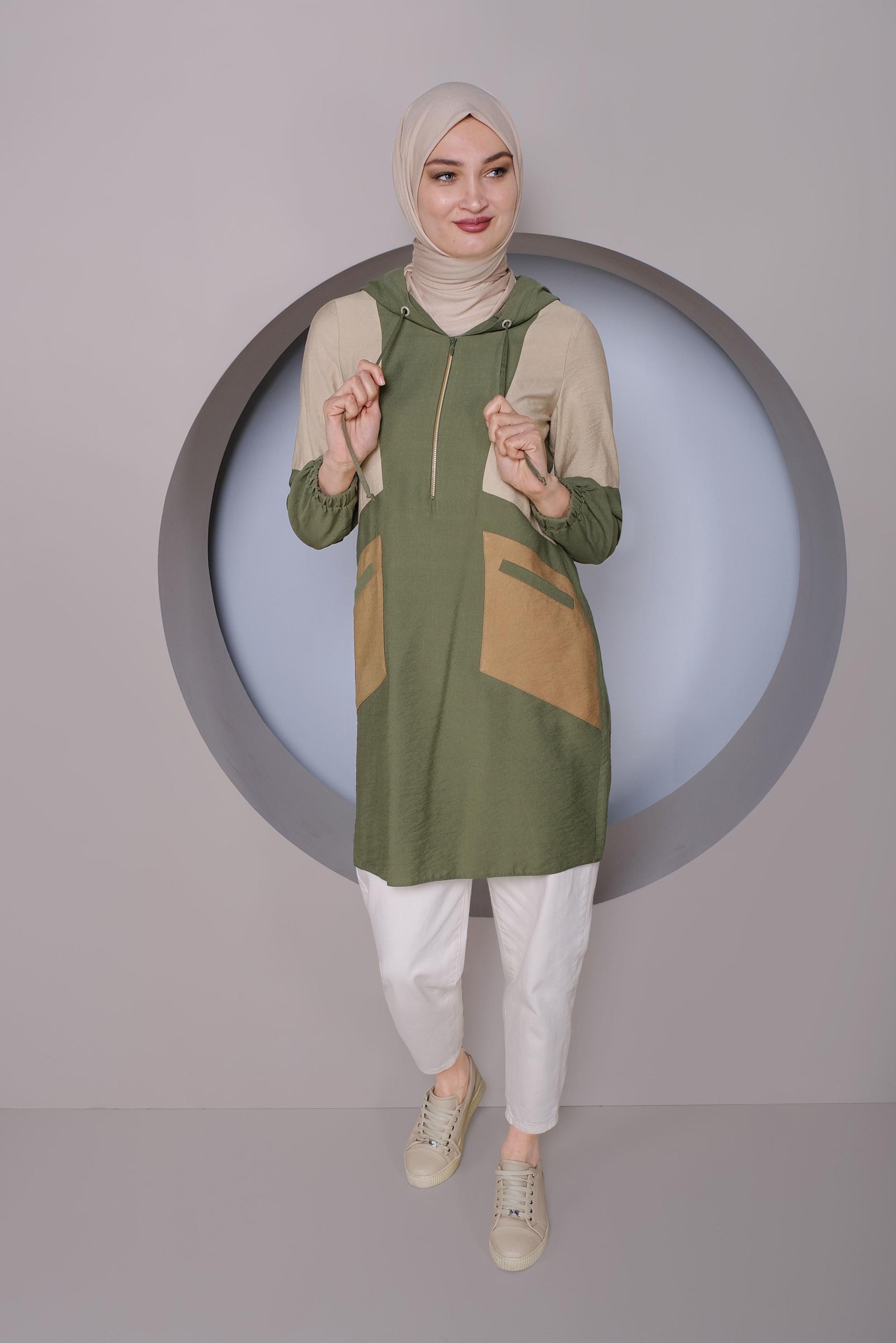 Tesettür giyim HAKİ RENK BLOKLU TUNİK 41377