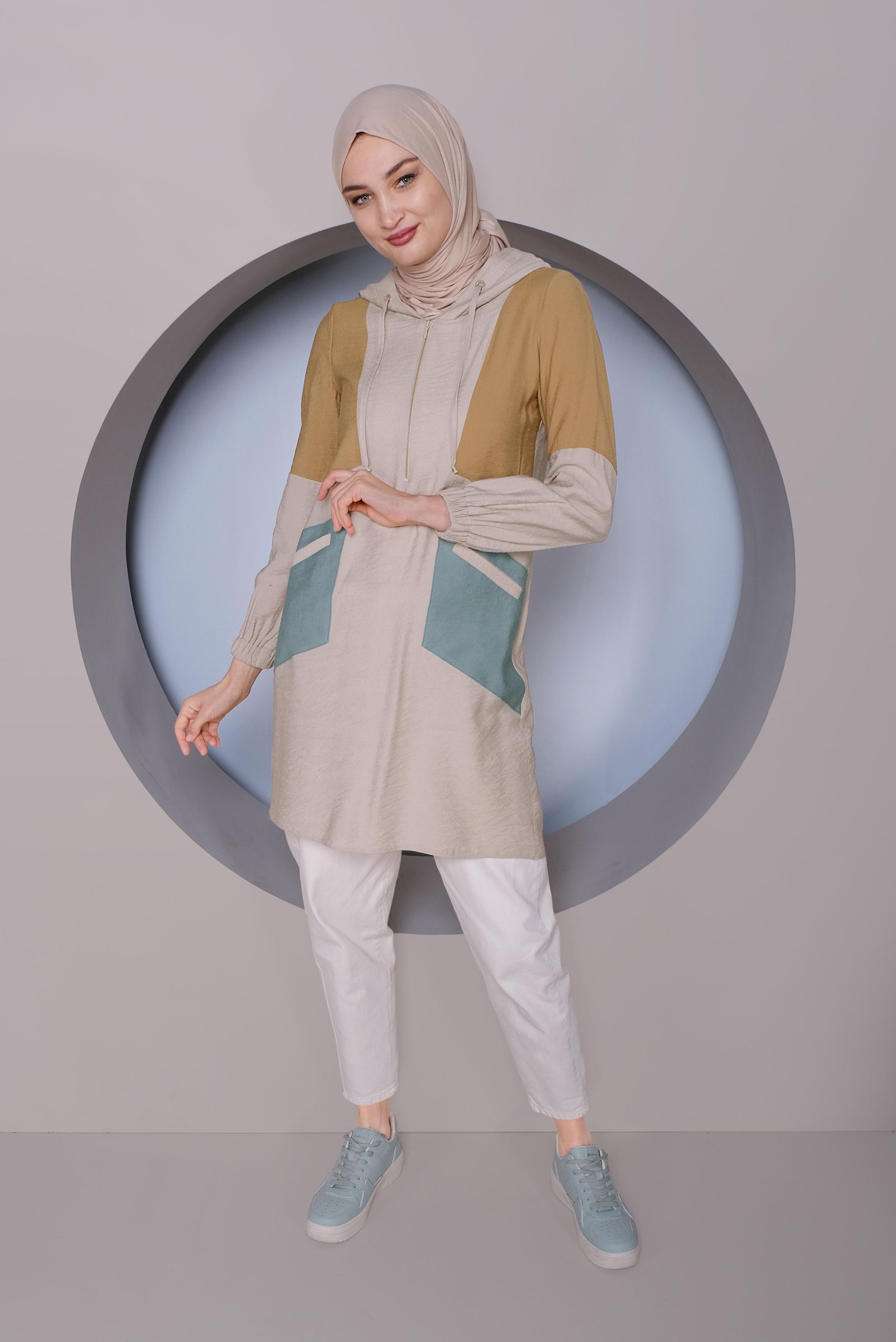 Tesettür giyim BEJ RENK BLOKLU TUNİK 41377