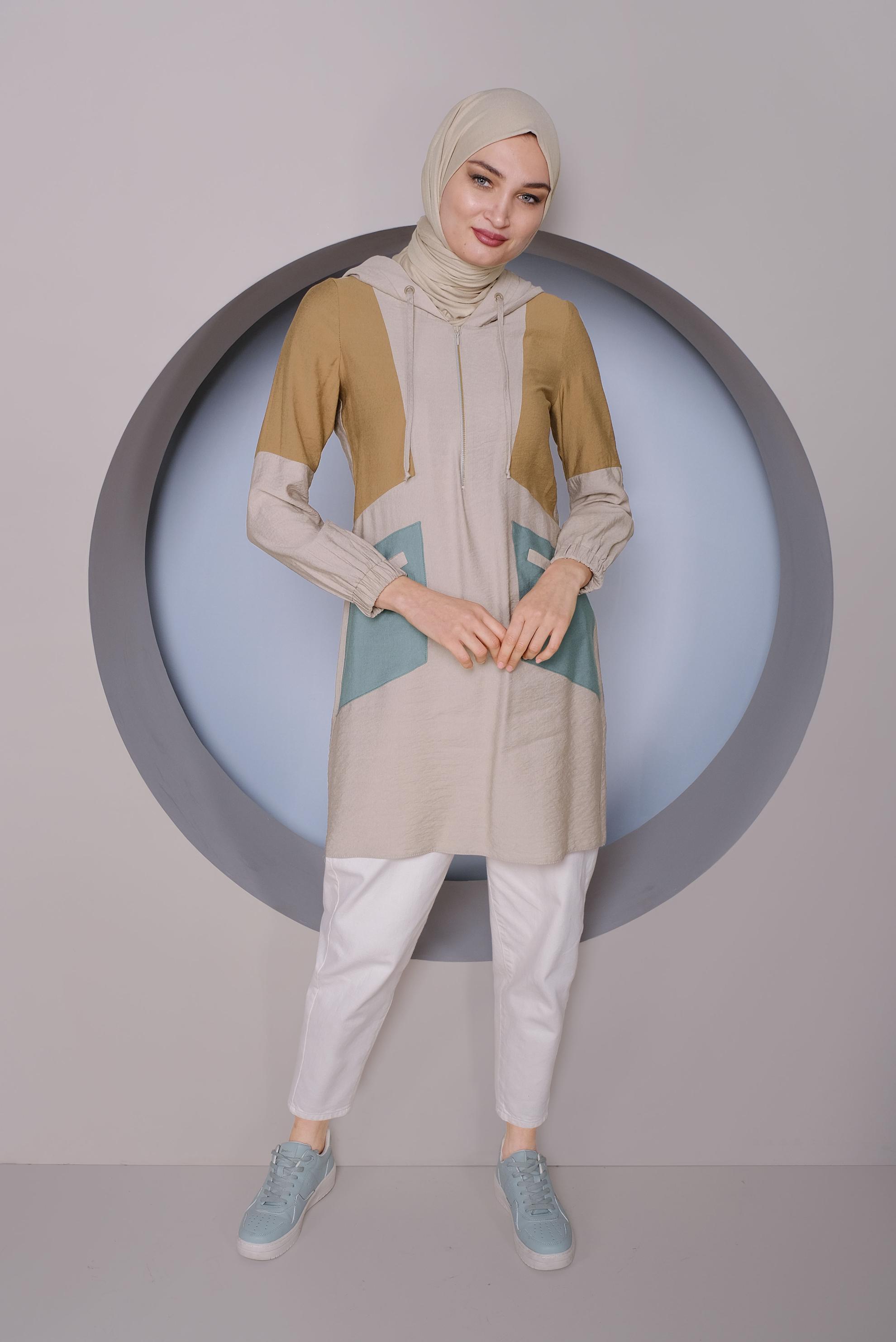 Tesettür giyim BEJ RENK BLOKLU TUNİK 41377
