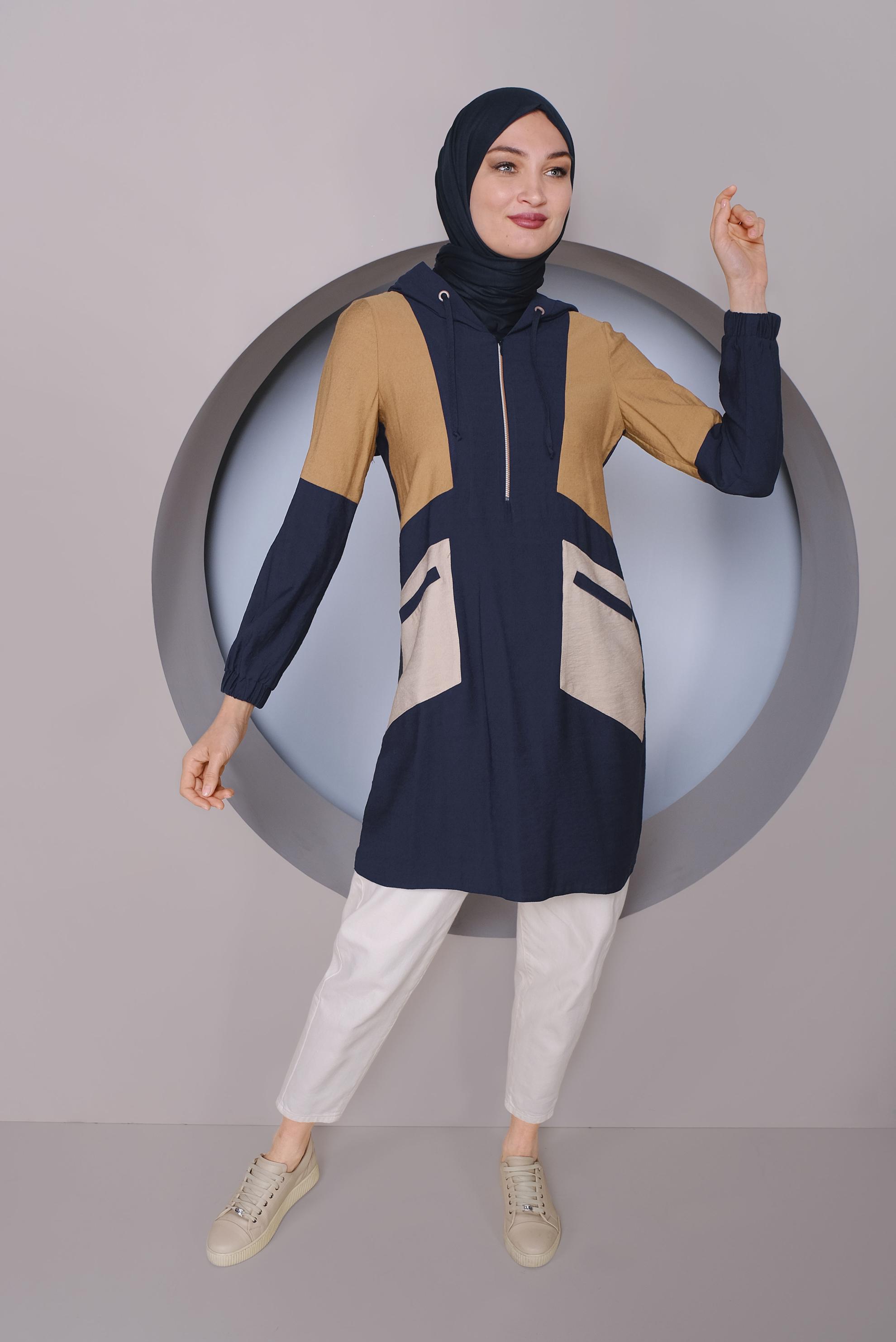 Tesettür giyim LACİVERT RENK BLOKLU TUNİK 41377