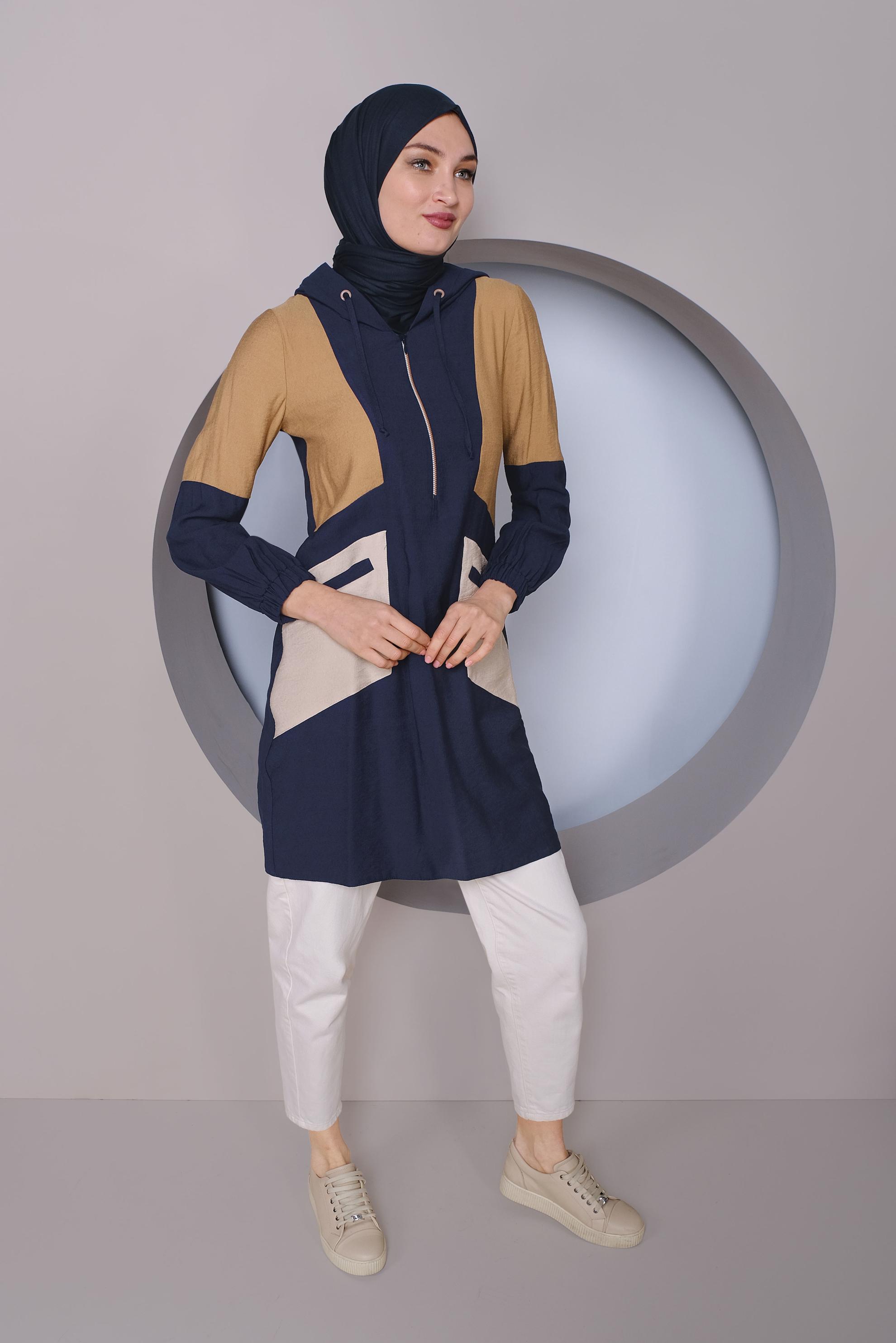 Tesettür giyim LACİVERT RENK BLOKLU TUNİK 41377