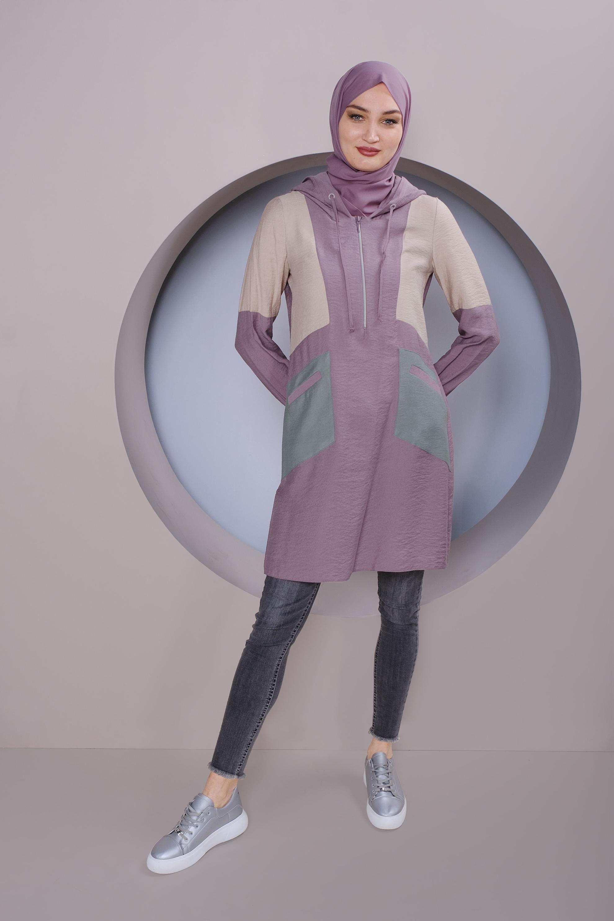 Tesettür giyim MOR RENK BLOKLU TUNİK 41377