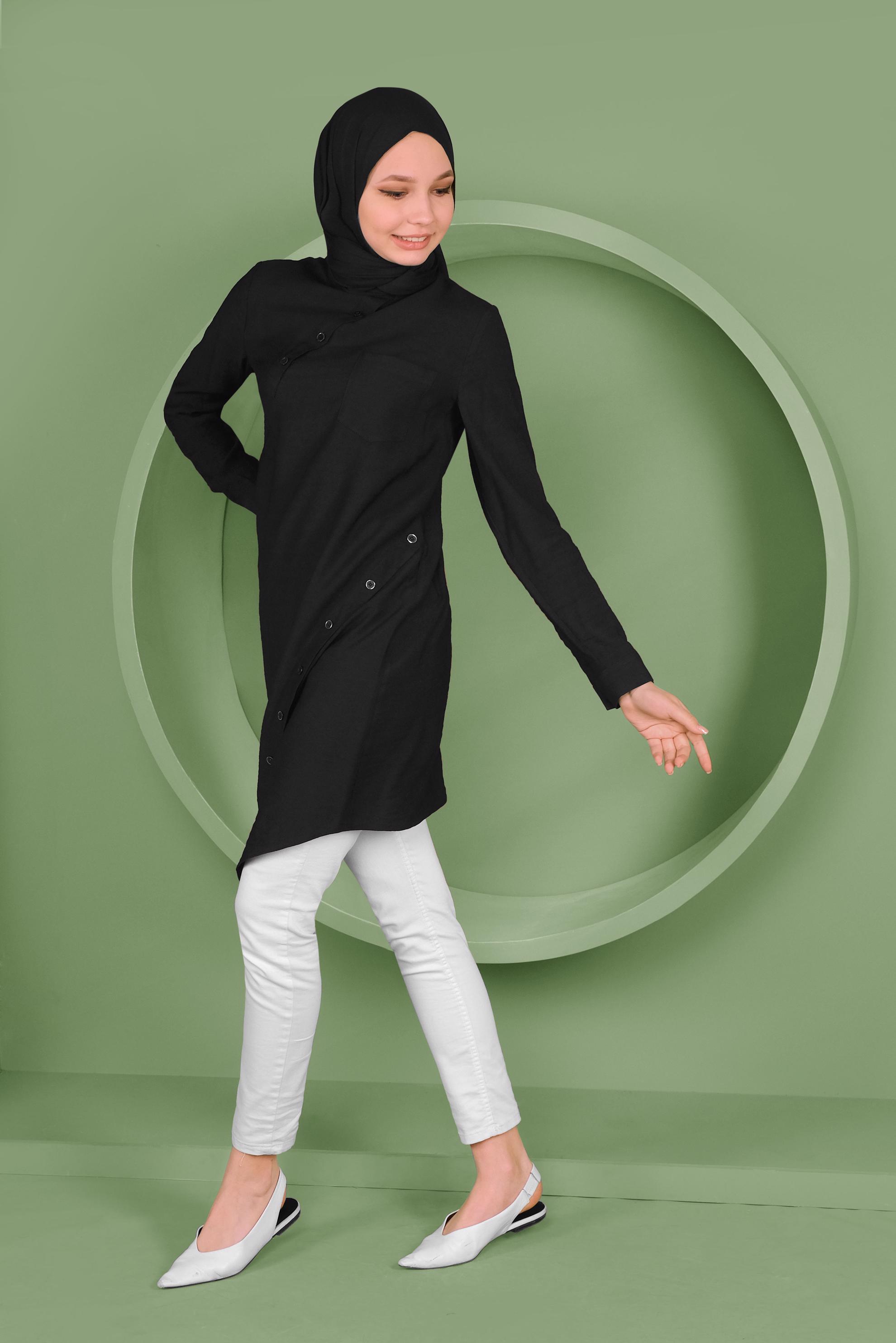 Tesettür giyim SİYAH DÜĞMELİ CEP DETAYLI TUNİK 41378