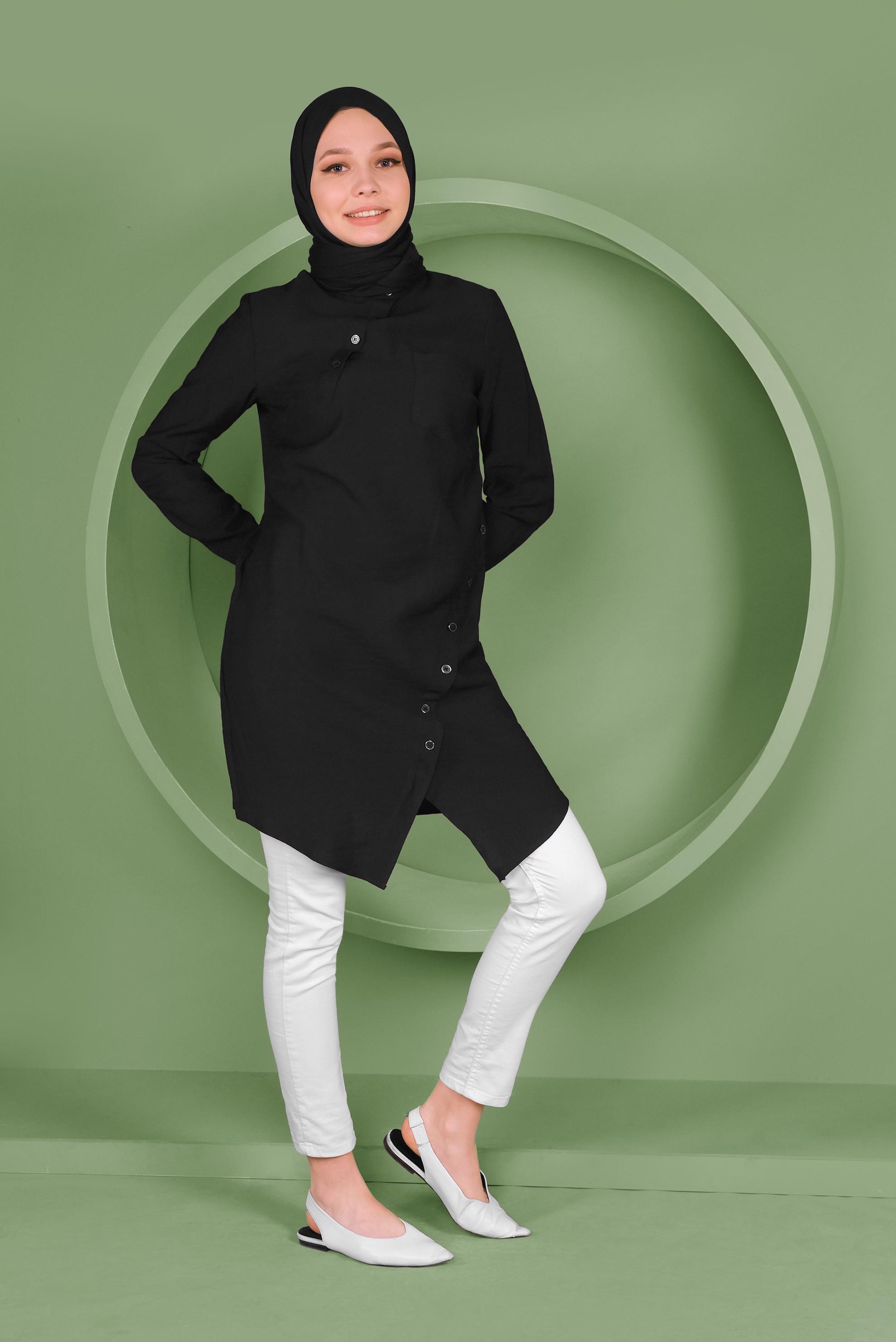 Tesettür giyim SİYAH DÜĞMELİ CEP DETAYLI TUNİK 41378