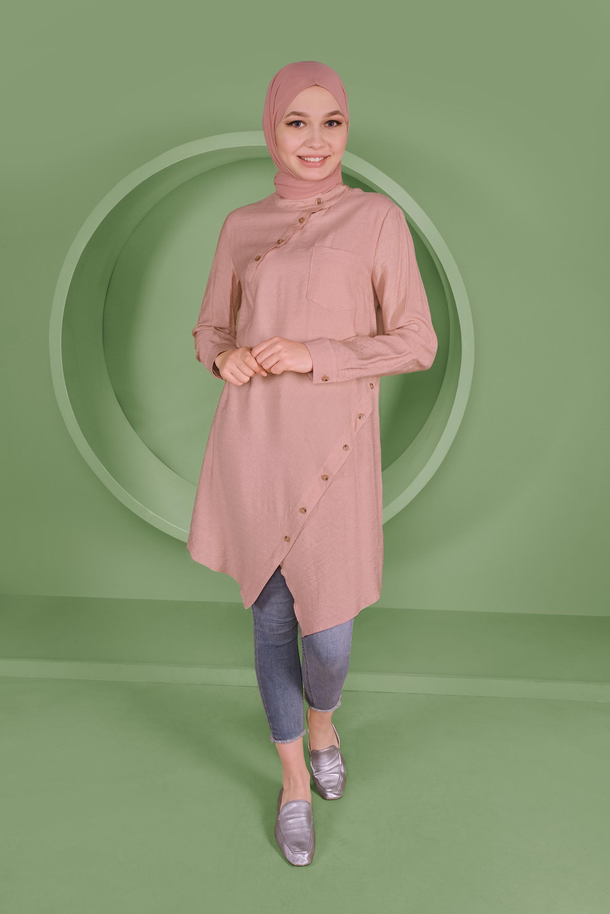 Tesettür giyim PUDRA DÜĞMELİ CEP DETAYLI TUNİK 41378