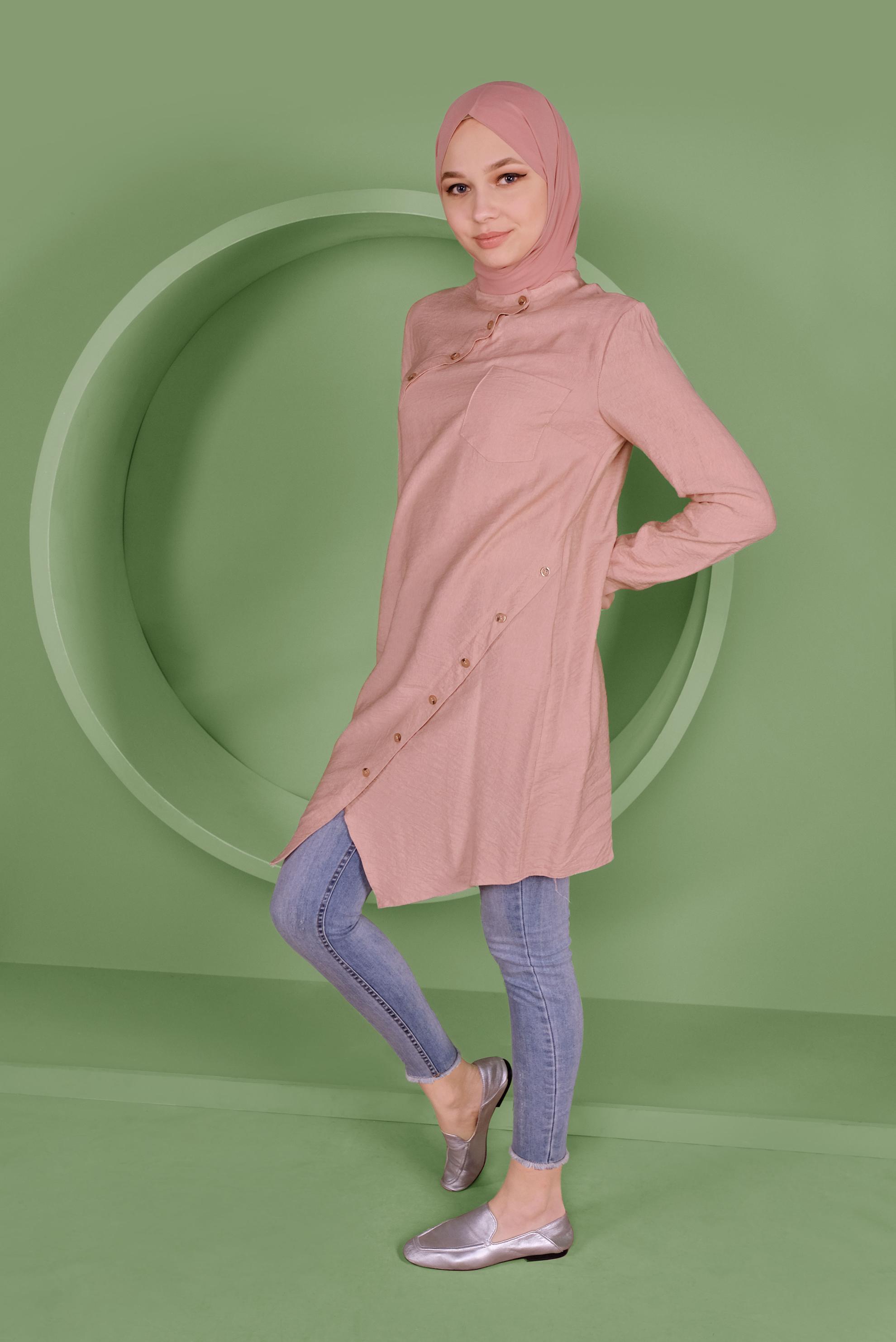 Tesettür giyim PUDRA DÜĞMELİ CEP DETAYLI TUNİK 41378