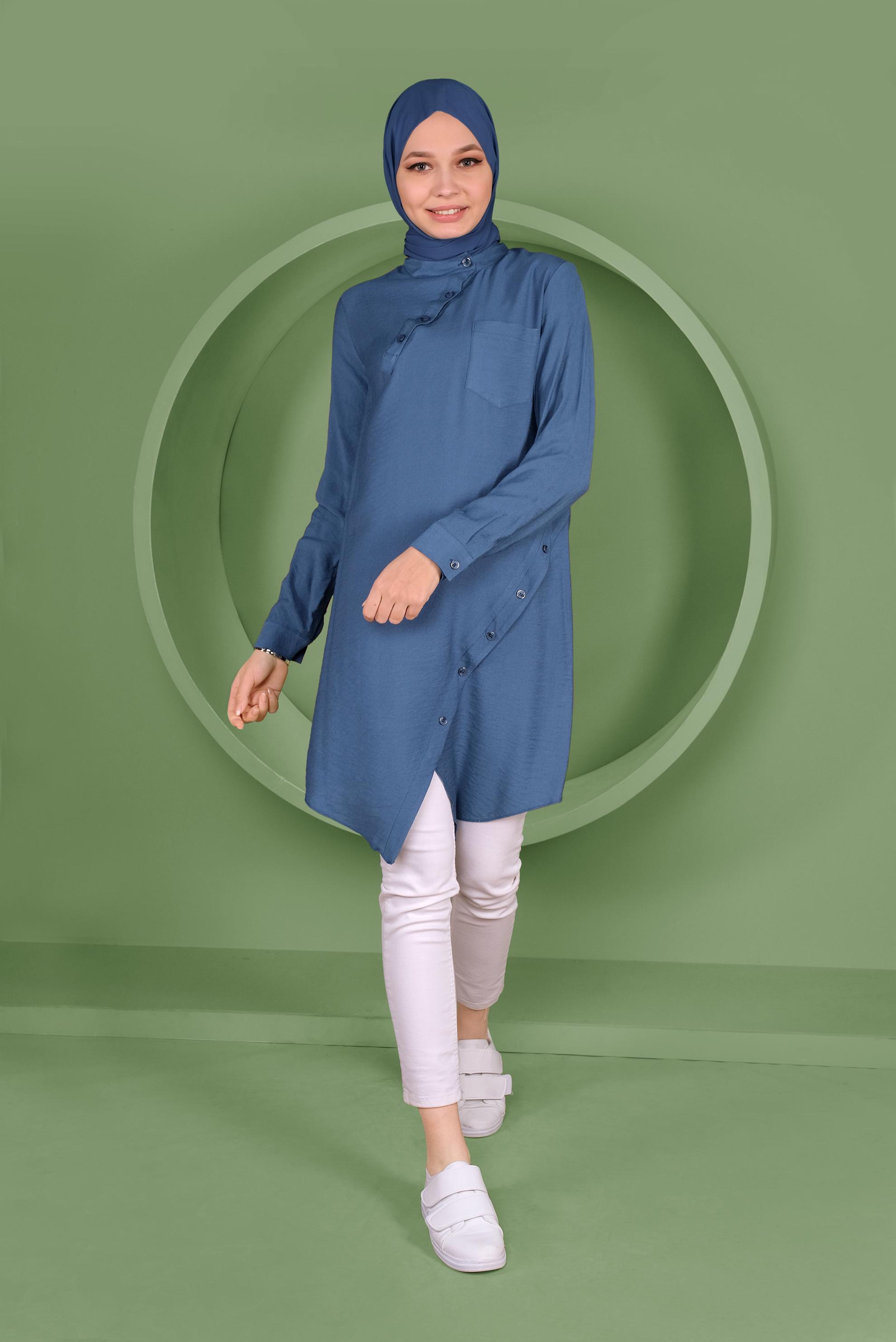 Tesettür giyim LACİVERT DÜĞMELİ CEP DETAYLI TUNİK 41378