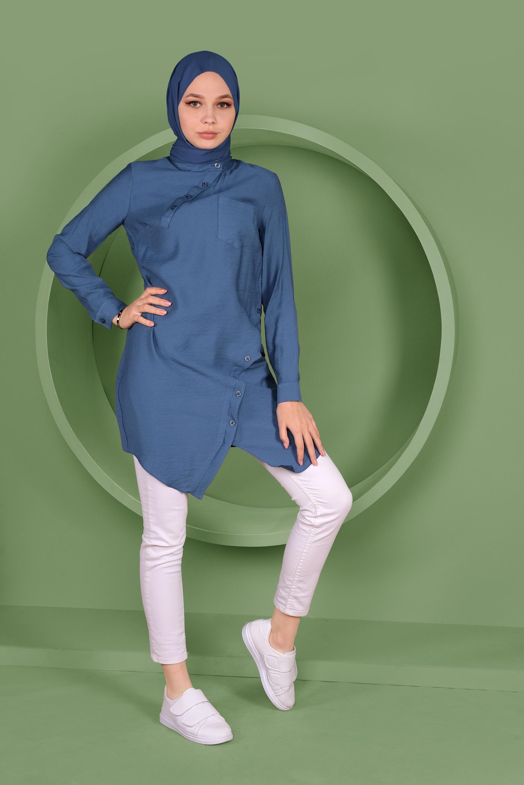 Tesettür giyim LACİVERT DÜĞMELİ CEP DETAYLI TUNİK 41378