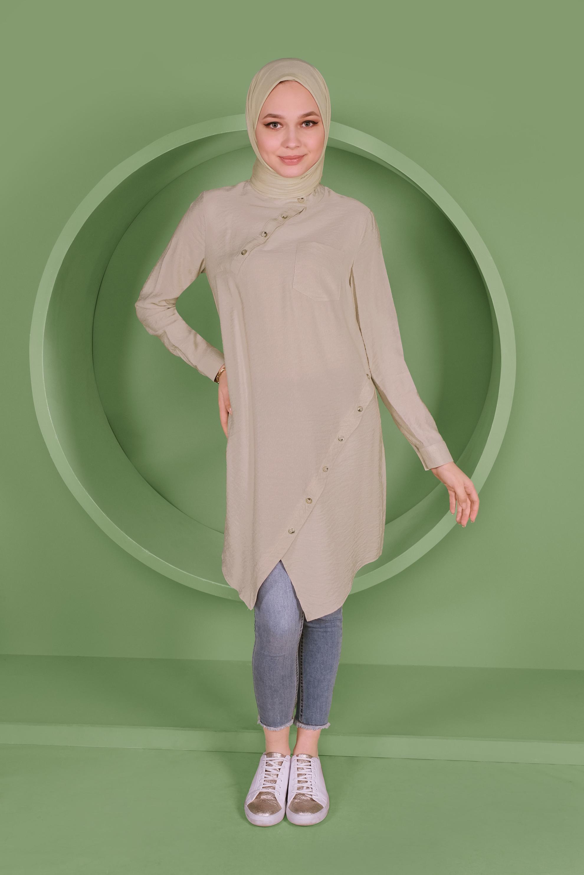 Tesettür giyim BEJ DÜĞMELİ CEP DETAYLI TUNİK 41378