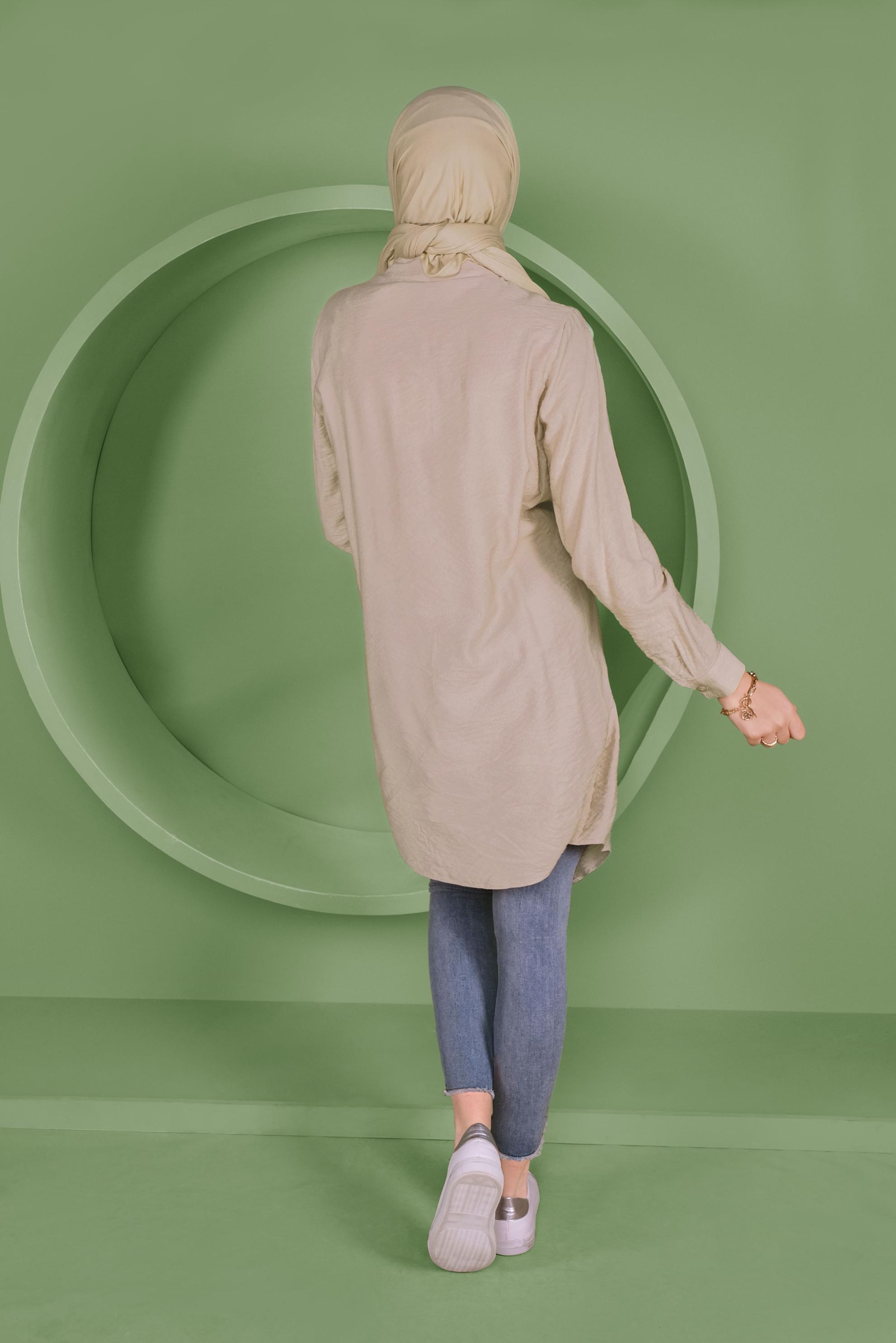 Tesettür giyim BEJ DÜĞMELİ CEP DETAYLI TUNİK 41378