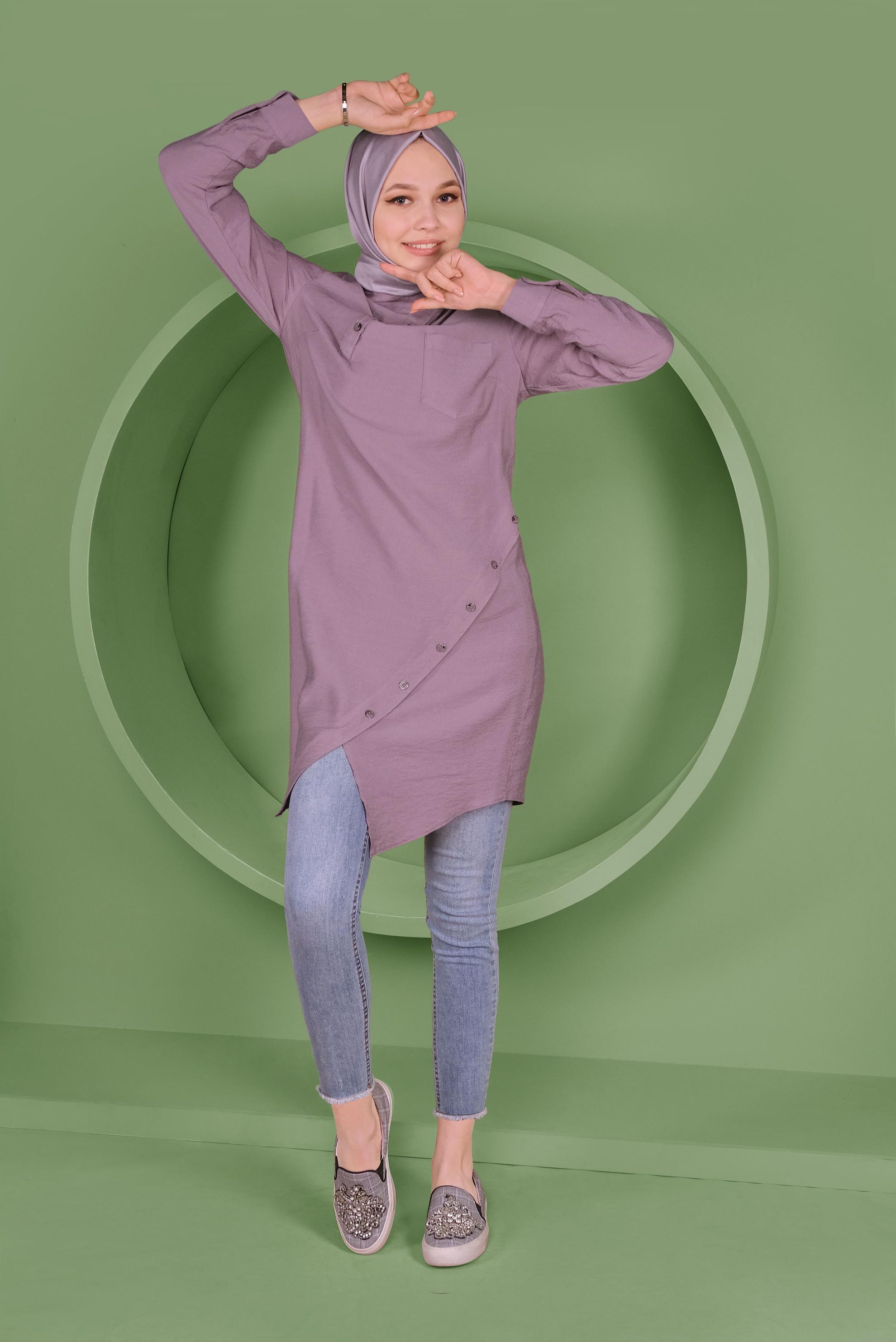 Tesettür giyim MOR DÜĞMELİ CEP DETAYLI TUNİK 41378