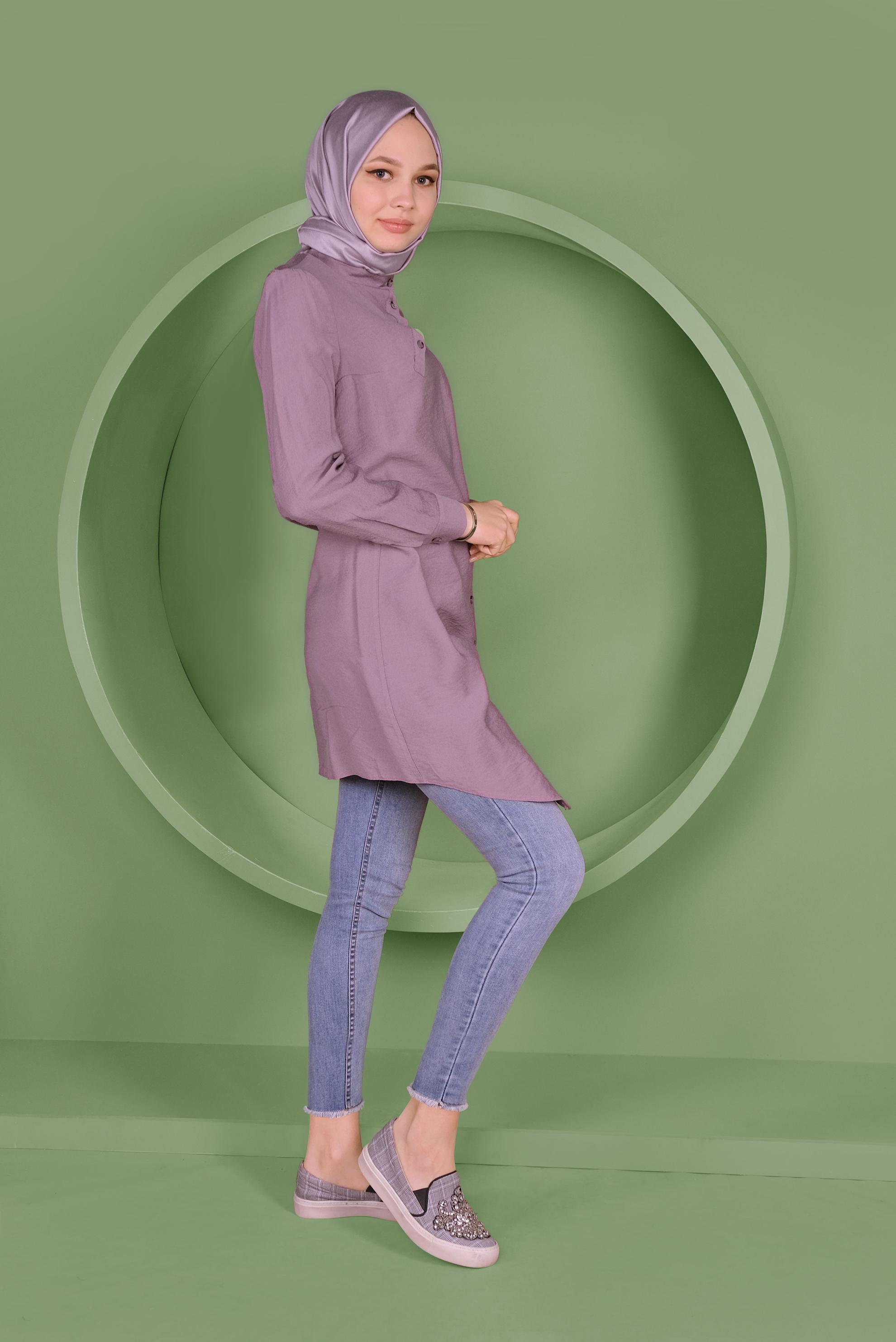 Tesettür giyim MOR DÜĞMELİ CEP DETAYLI TUNİK 41378