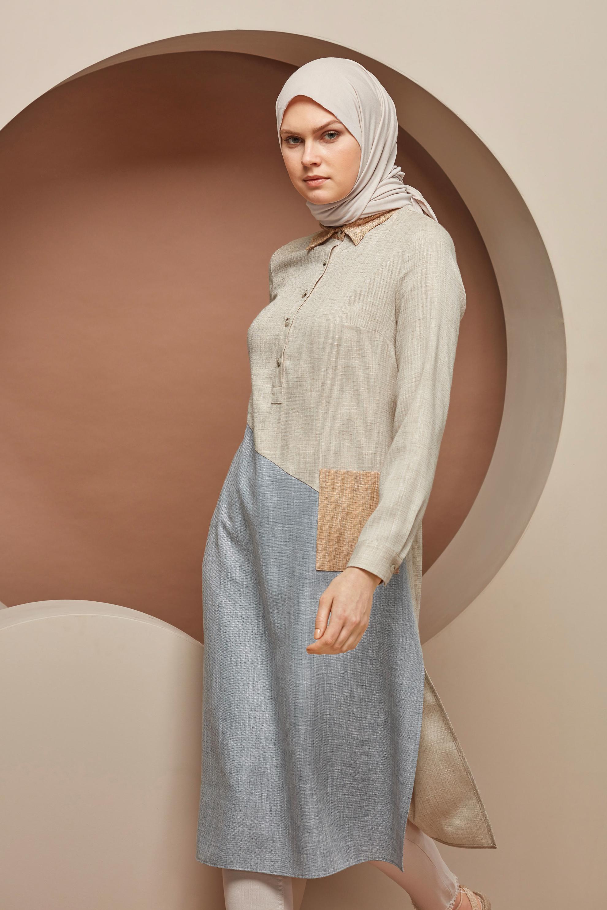 Tesettür giyim BEJ ÜÇ RENK KOMBİNLİ VİSKON KETEN TUNİK 41386 