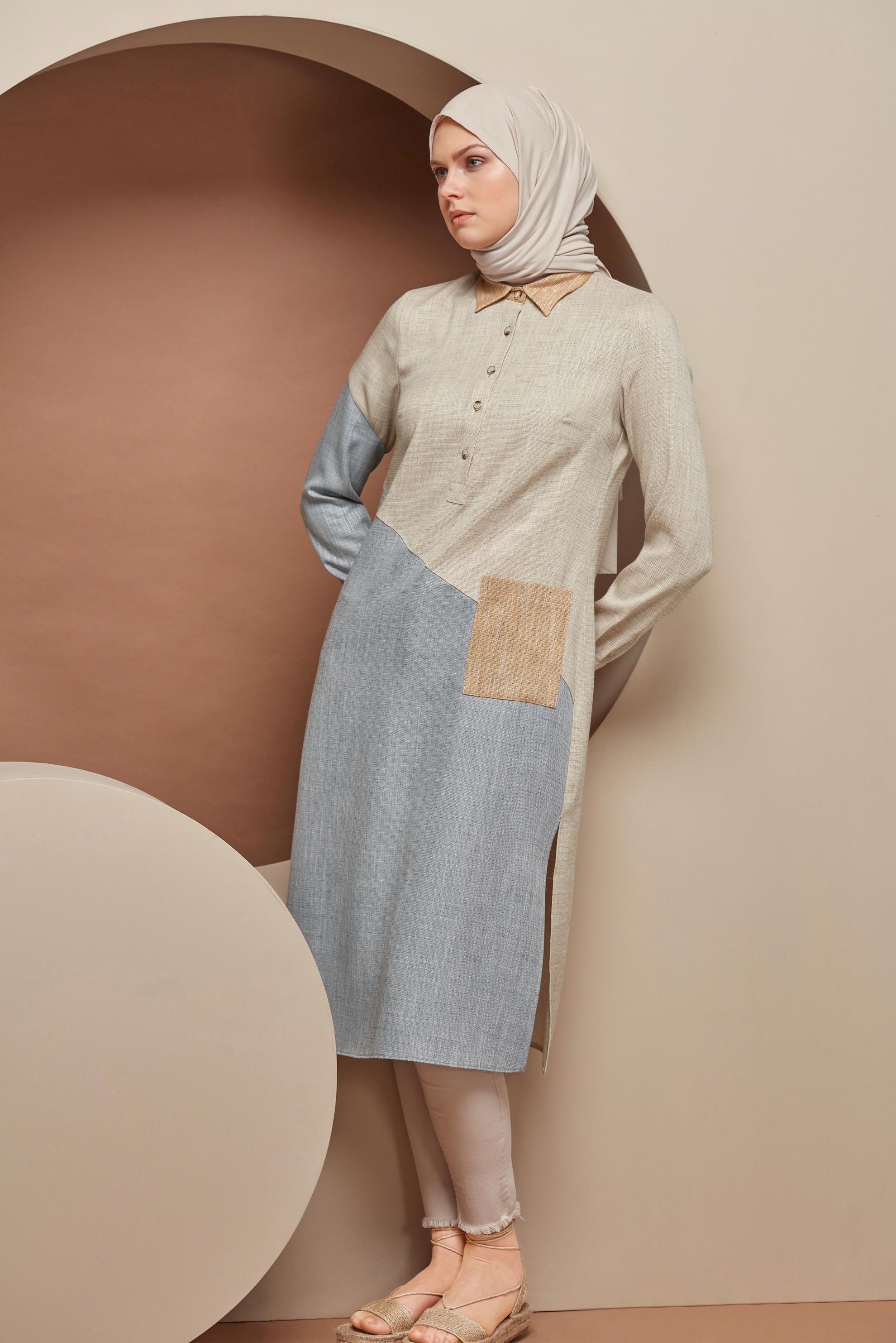 Tesettür giyim BEJ ÜÇ RENK KOMBİNLİ VİSKON KETEN TUNİK 41386 