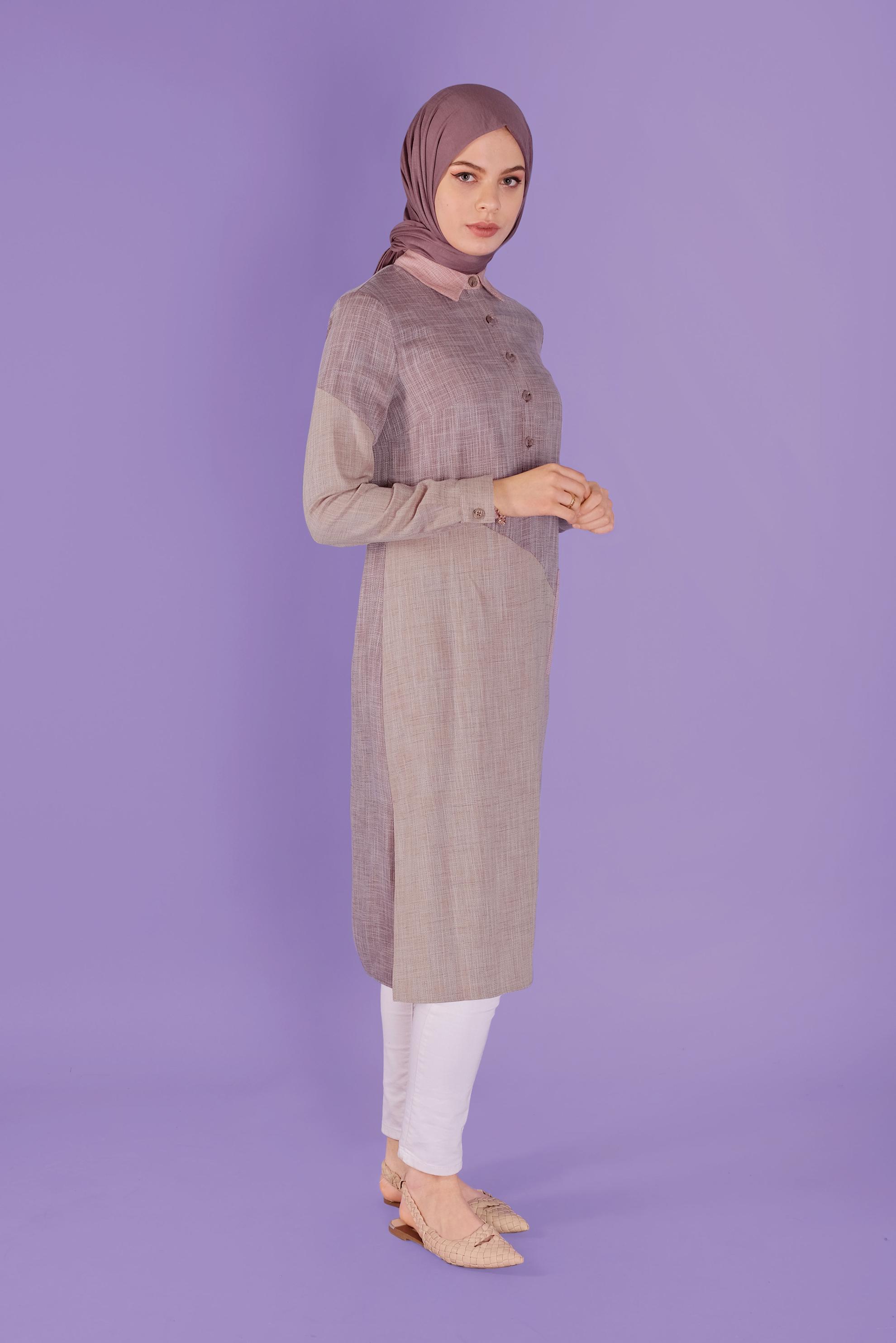 Tesettür giyim KAHVE ÜÇ RENK KOMBİNLİ VİSKON KETEN TUNİK 41386 