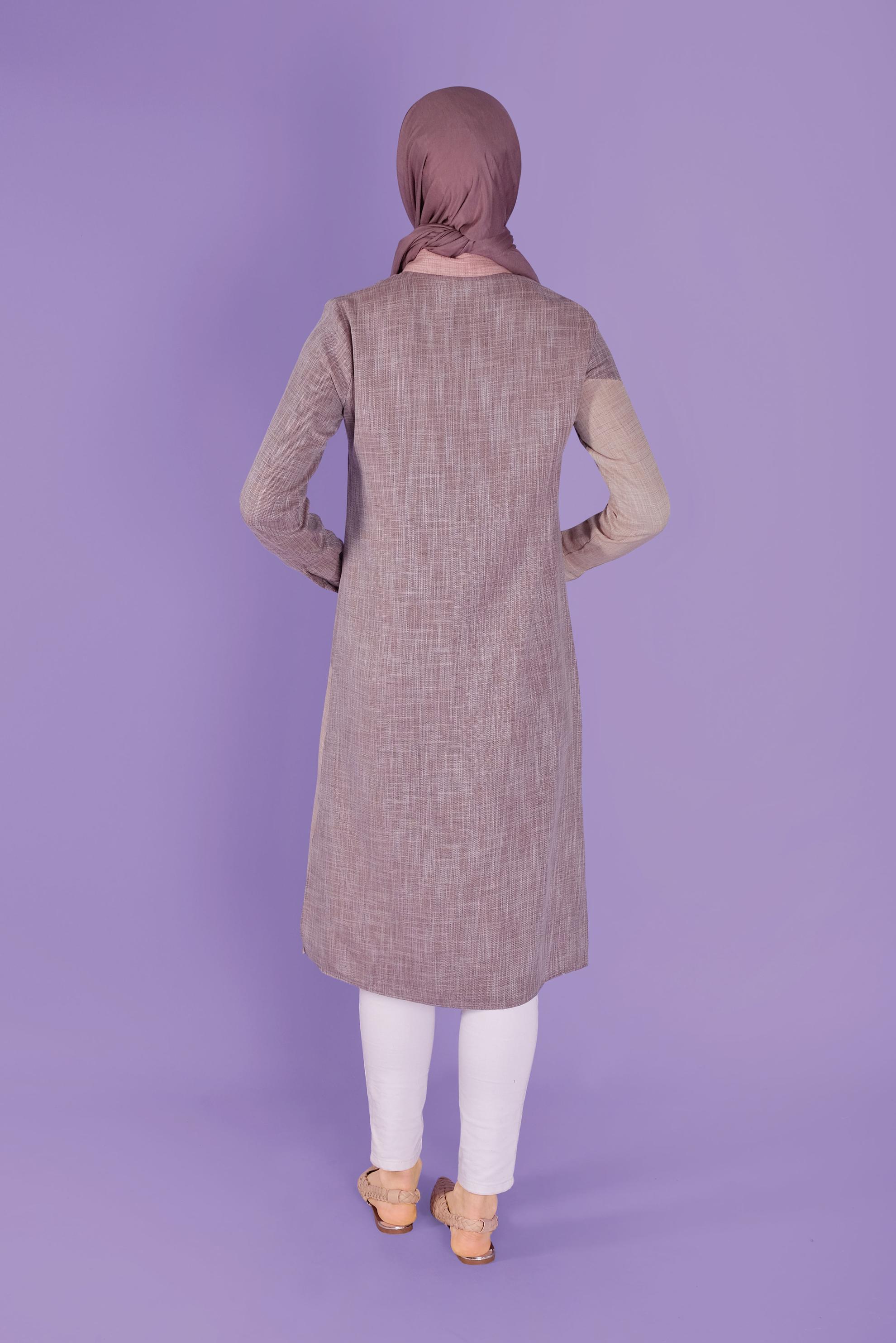 Tesettür giyim KAHVE ÜÇ RENK KOMBİNLİ VİSKON KETEN TUNİK 41386 