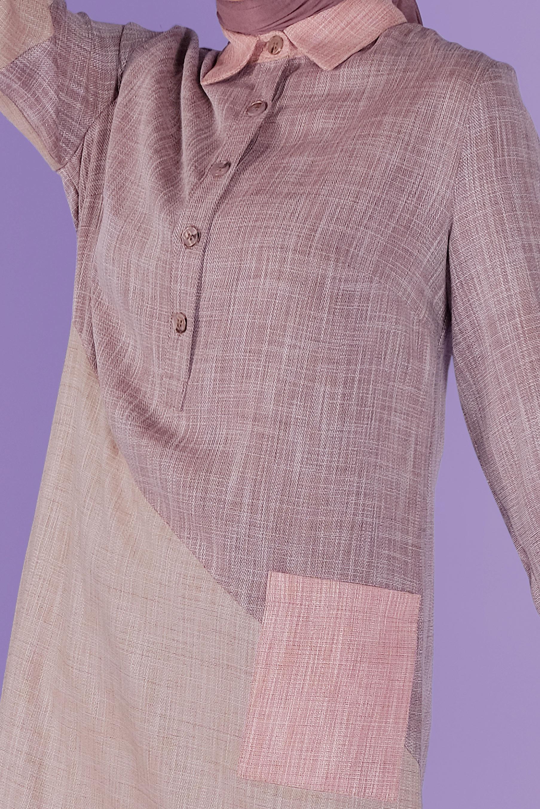 Tesettür giyim KAHVE ÜÇ RENK KOMBİNLİ VİSKON KETEN TUNİK 41386 