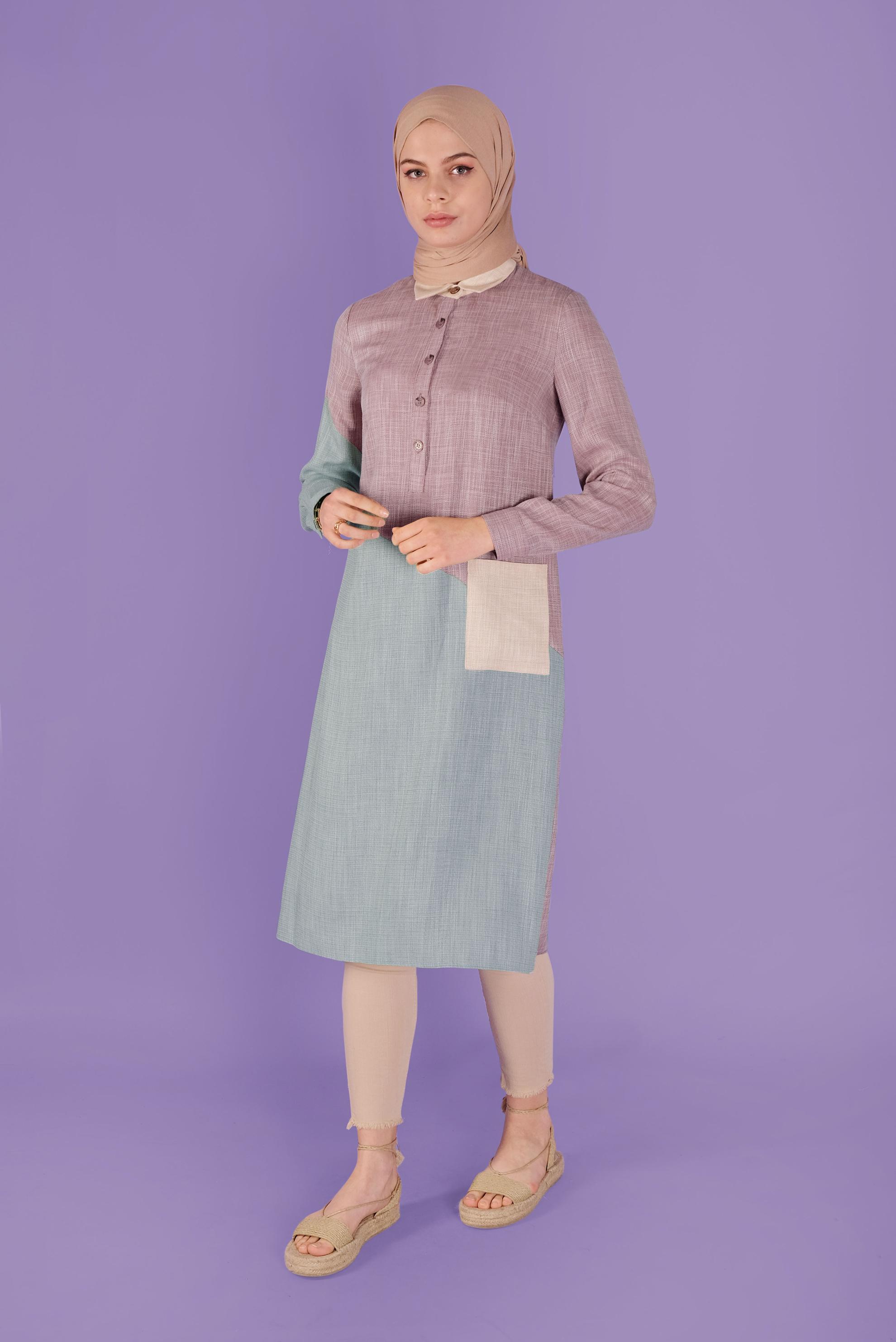 Tesettür giyim TURUNCU ÜÇ RENK KOMBİNLİ VİSKON KETEN TUNİK 41386 