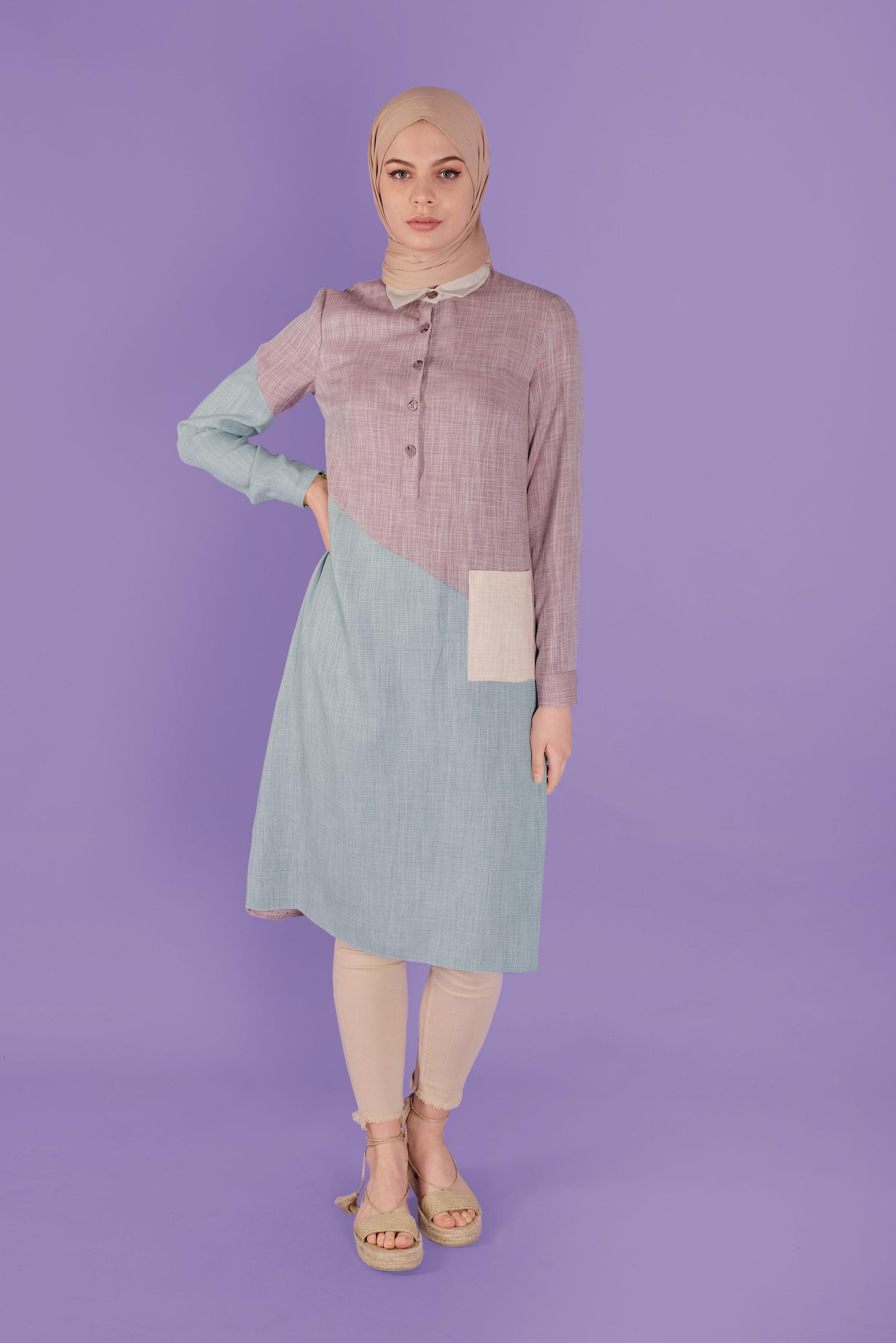 Tesettür giyim TURUNCU ÜÇ RENK KOMBİNLİ VİSKON KETEN TUNİK 41386 