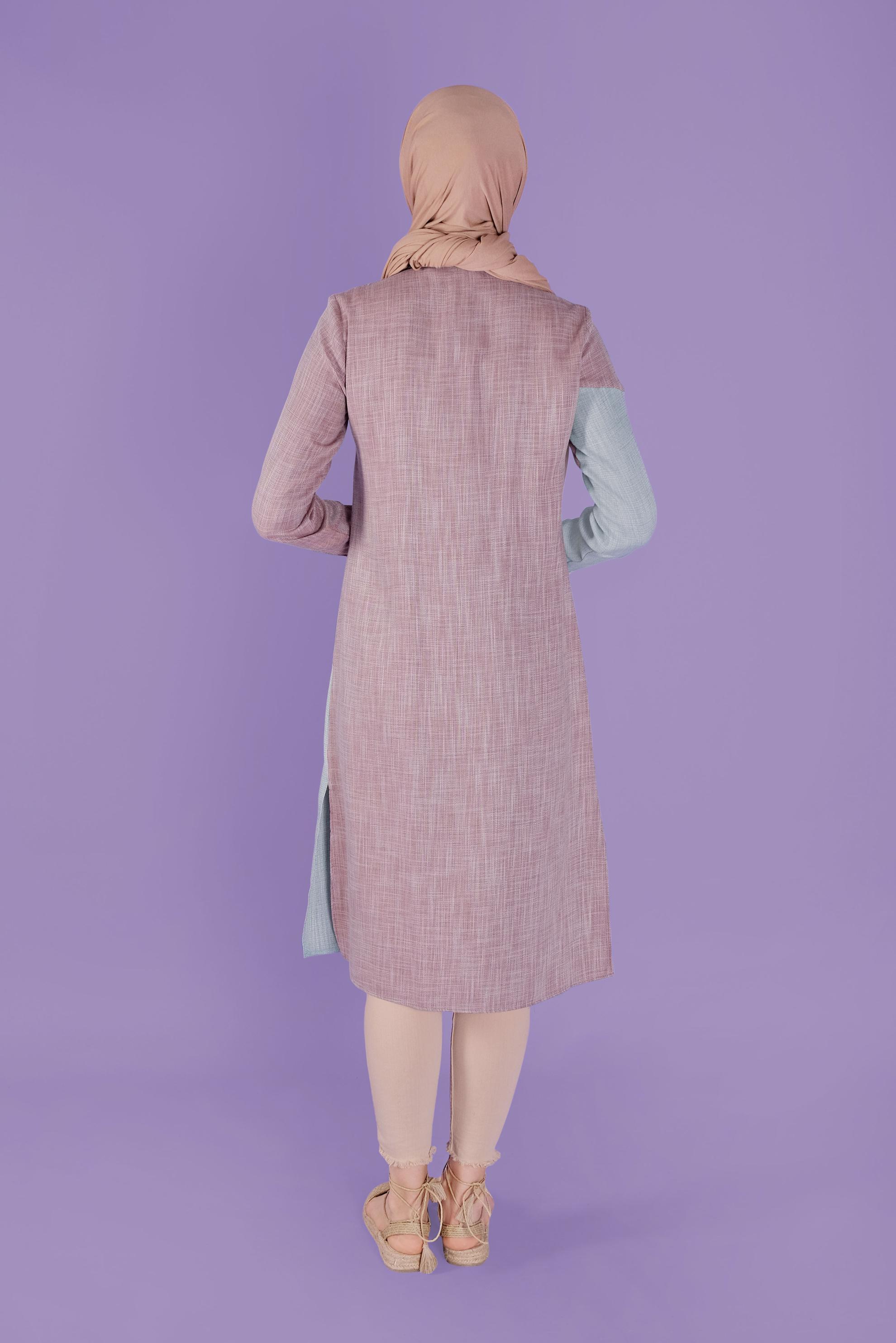 Tesettür giyim TURUNCU ÜÇ RENK KOMBİNLİ VİSKON KETEN TUNİK 41386 