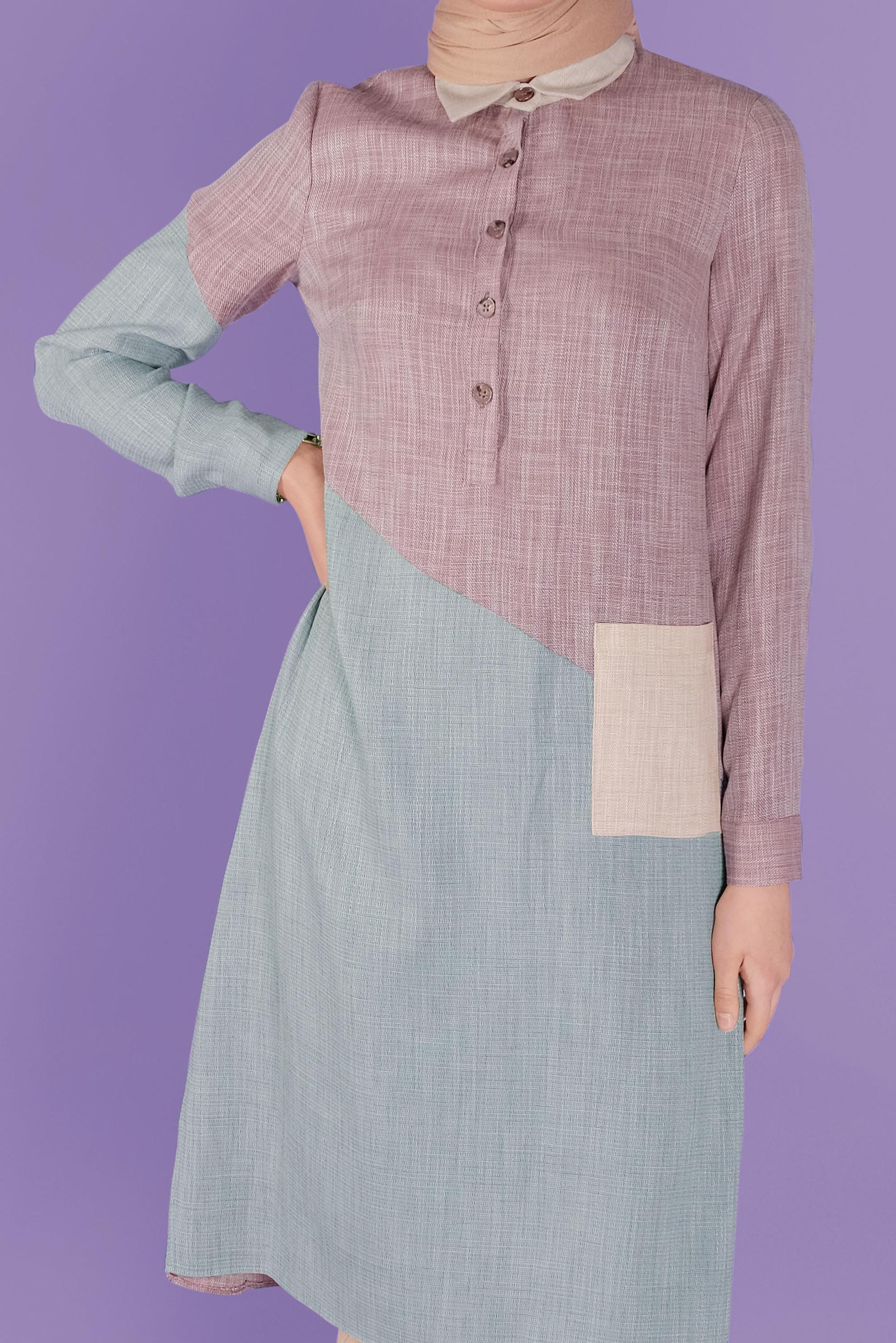 Tesettür giyim TURUNCU ÜÇ RENK KOMBİNLİ VİSKON KETEN TUNİK 41386 