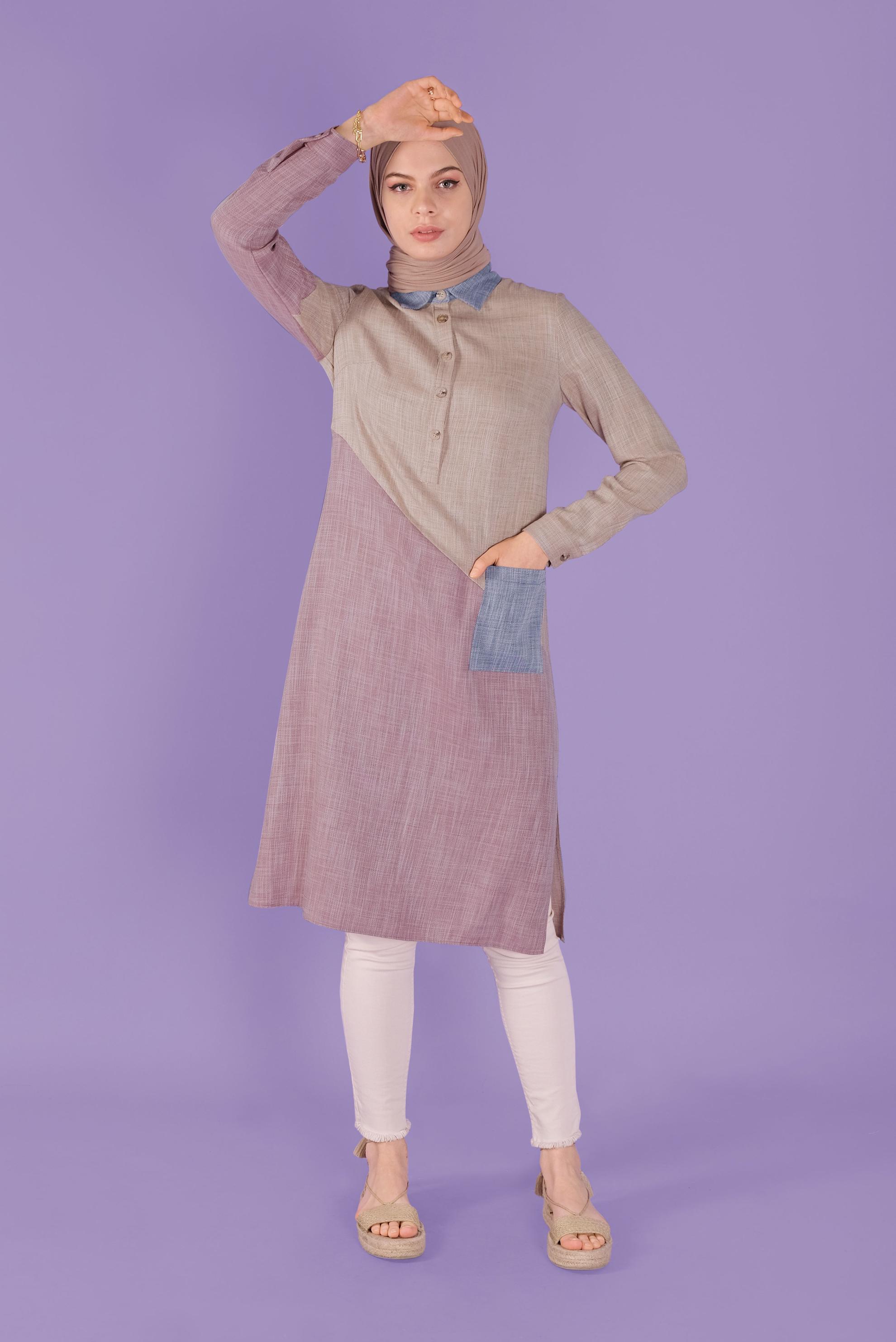 Tesettür giyim BEJ ÜÇ RENK KOMBİNLİ VİSKON KETEN TUNİK 41386 