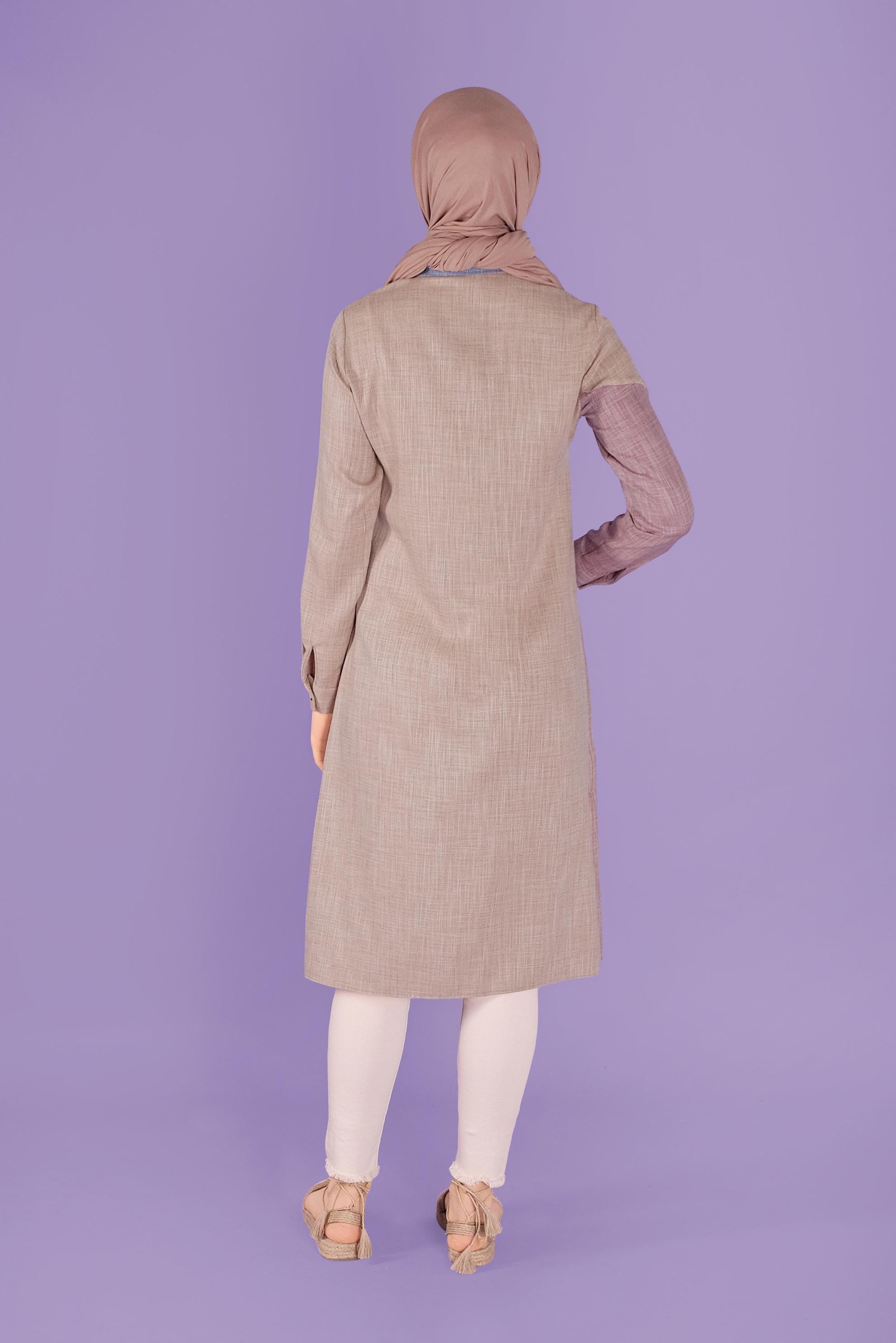 Tesettür giyim BEJ ÜÇ RENK KOMBİNLİ VİSKON KETEN TUNİK 41386 