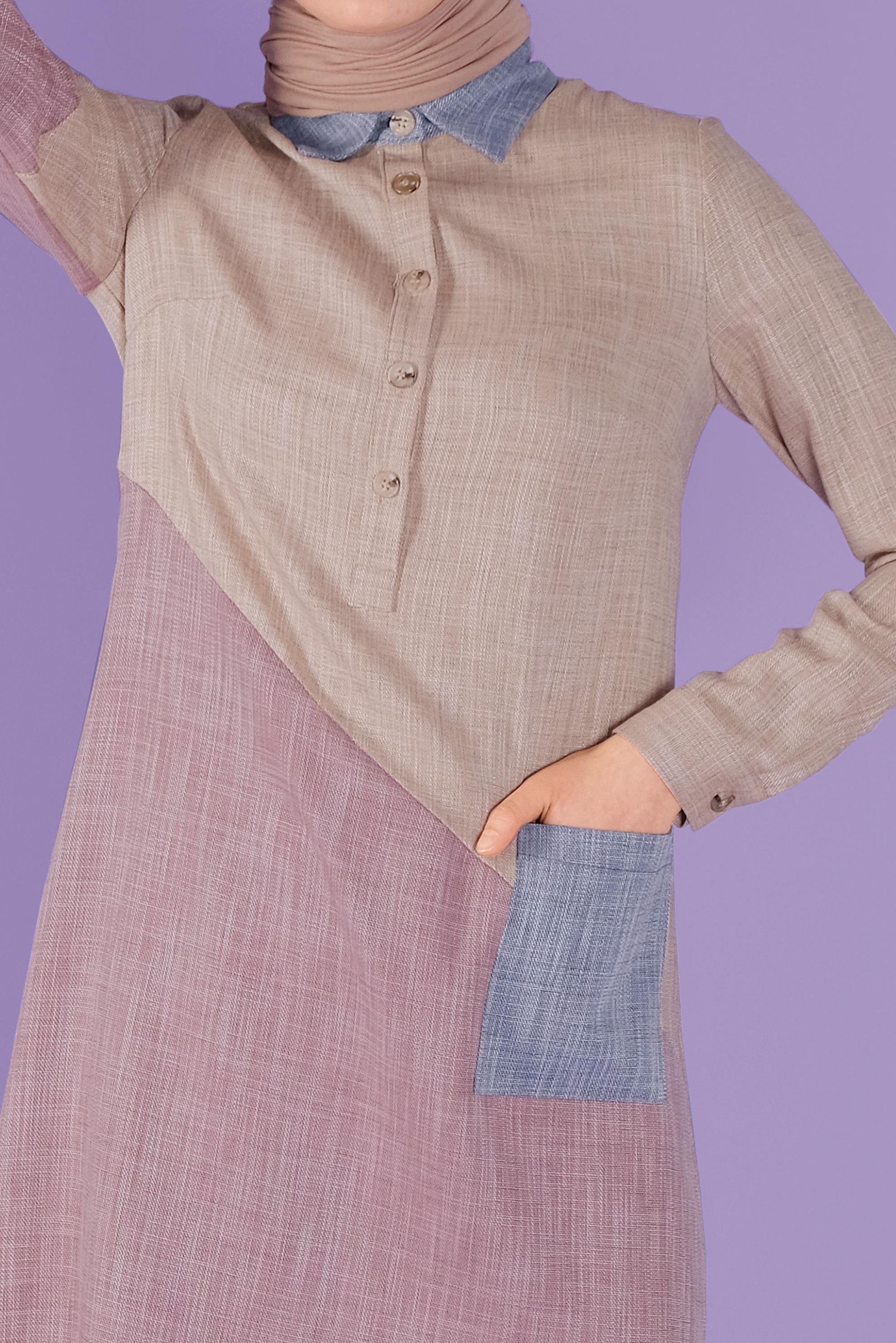 Tesettür giyim BEJ ÜÇ RENK KOMBİNLİ VİSKON KETEN TUNİK 41386 