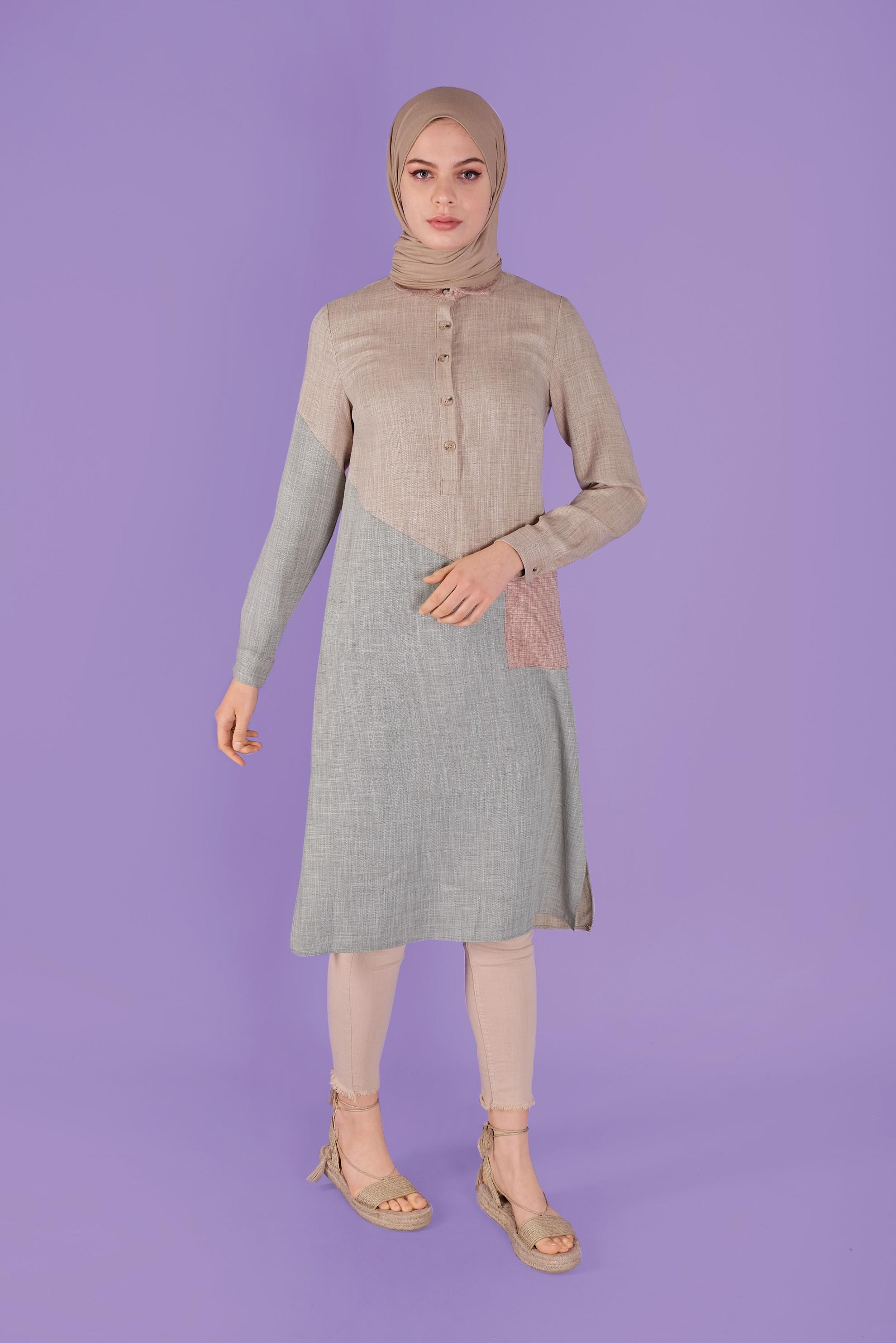 Tesettür giyim BEJ ÜÇ RENK KOMBİNLİ VİSKON KETEN TUNİK 41386 