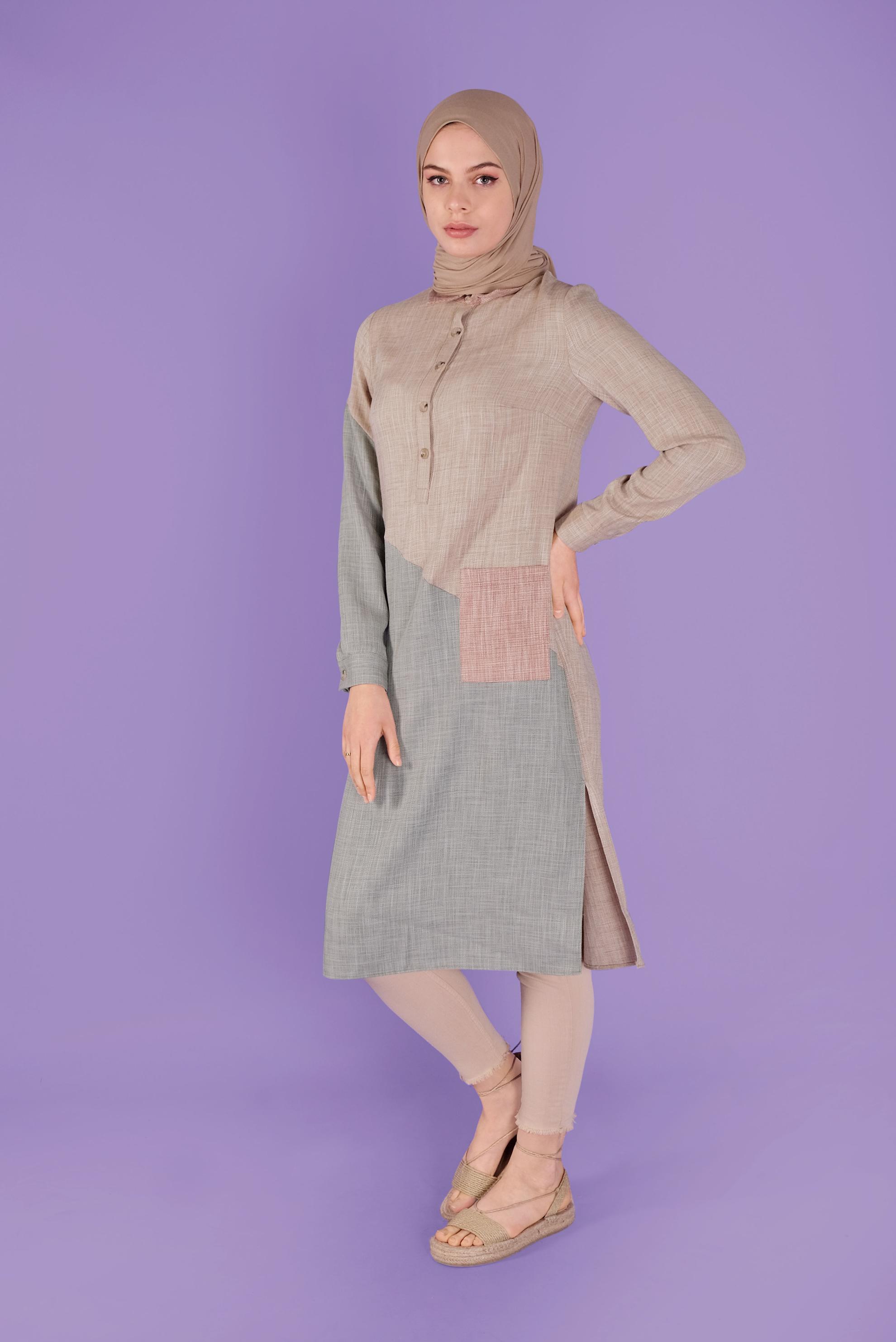 Tesettür giyim BEJ ÜÇ RENK KOMBİNLİ VİSKON KETEN TUNİK 41386 