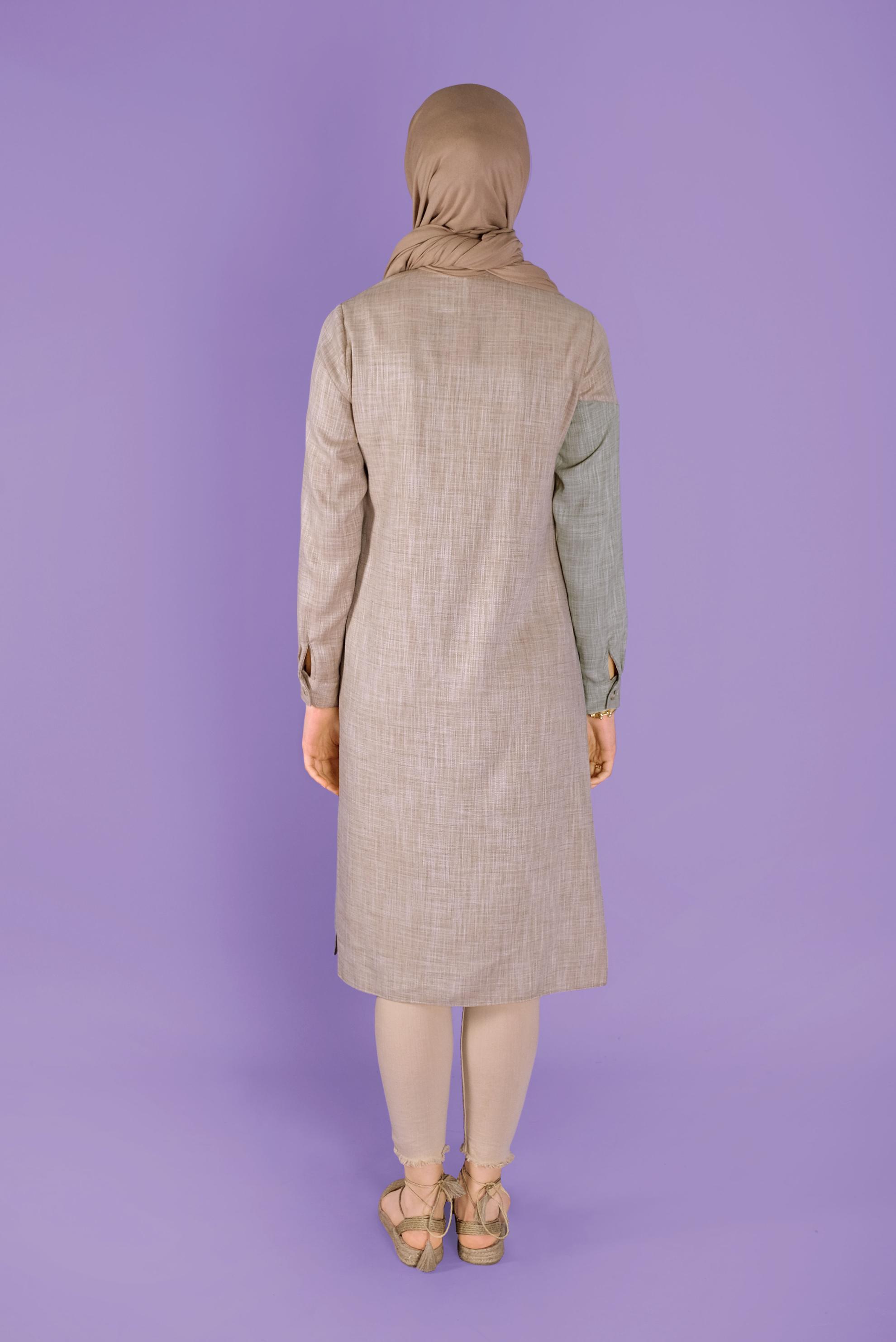 Tesettür giyim BEJ ÜÇ RENK KOMBİNLİ VİSKON KETEN TUNİK 41386 