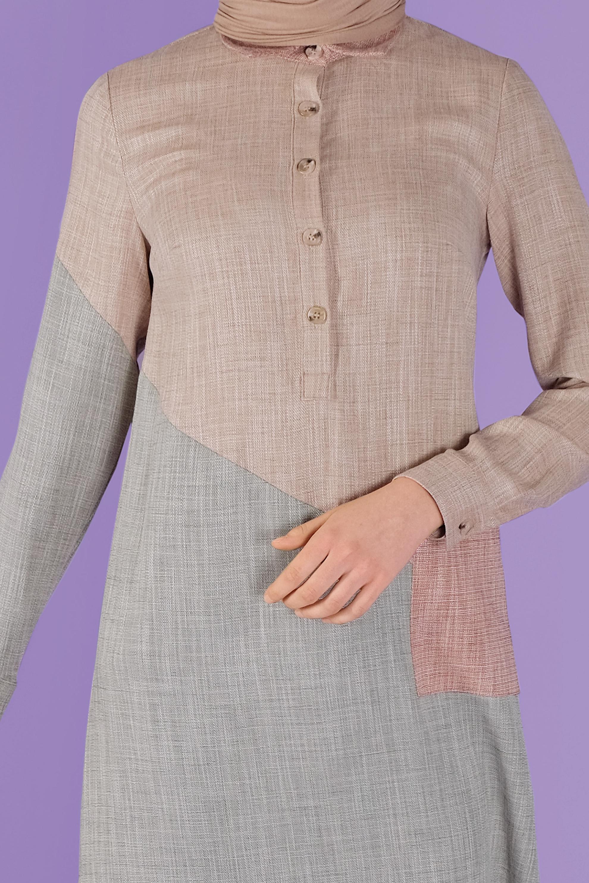 Tesettür giyim BEJ ÜÇ RENK KOMBİNLİ VİSKON KETEN TUNİK 41386 