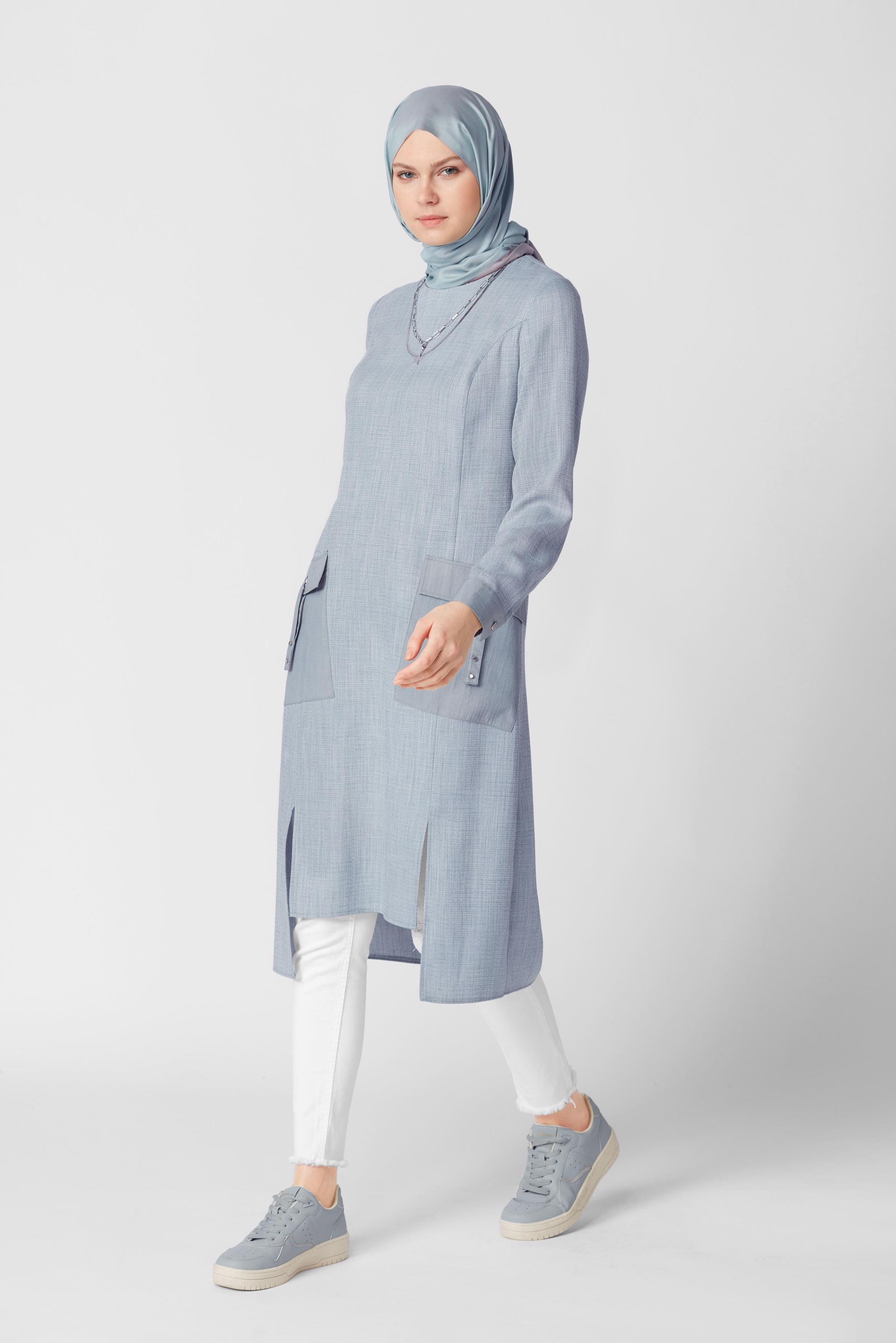 Tesettür giyim MAVİ CEP DETAYLI TUNİK 41387